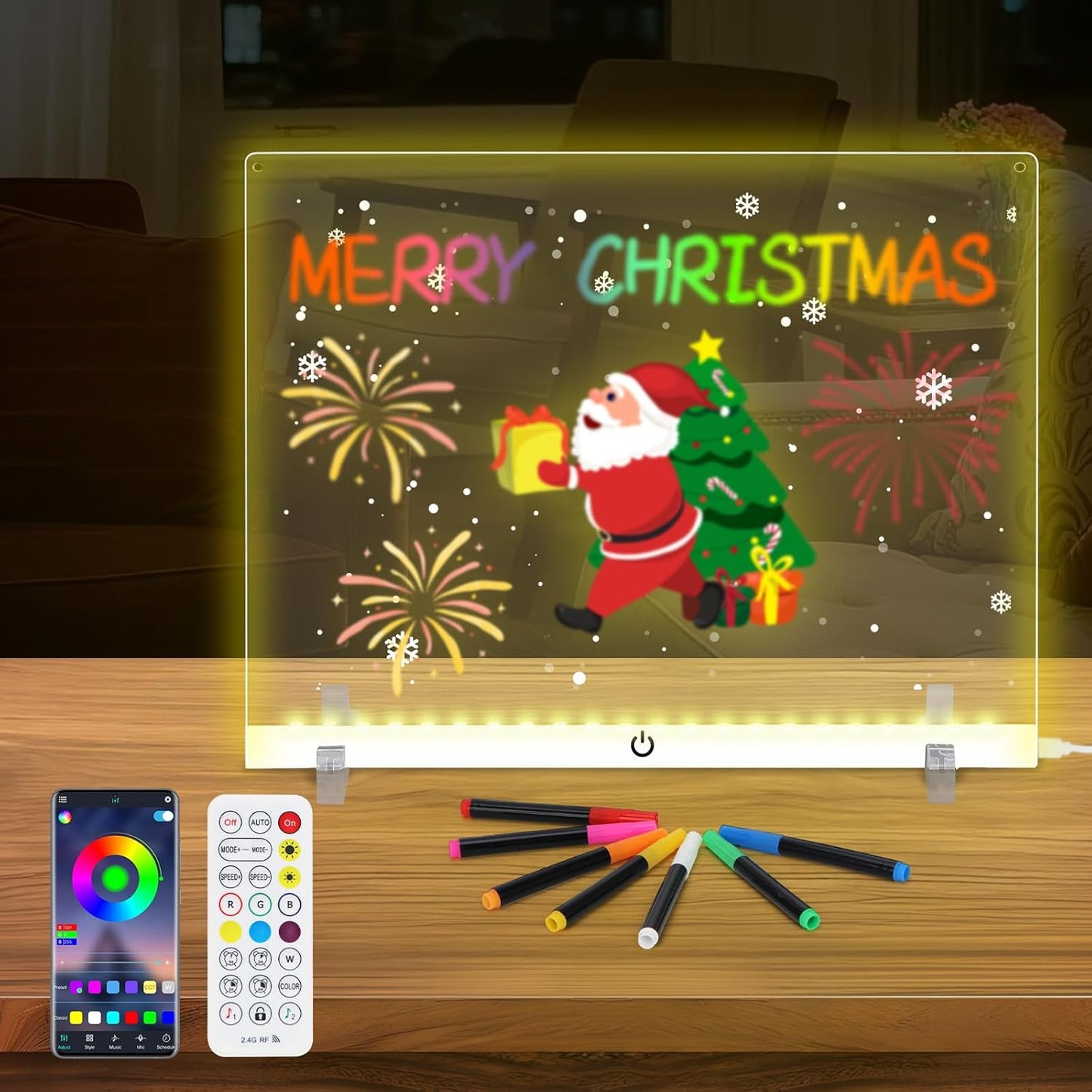 Doodle Glow, LED Note Board with Colors, 14.1"x10.9" Wooshneesham Acrylic Dry Erase Board, 16M-Color LED Light-Up Memo w/Music Sync, APP & Remote, Stand & 7 Markers, Battery Case, Neon Glow (White)