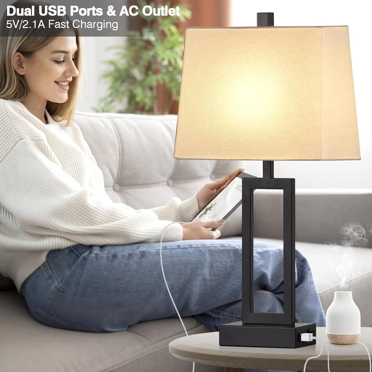 23.5" Touch Control Table Lamps Set of 2, Bedside Lamp with 2 USB Ports & AC Outlet, 3-Way Dimmable Nightstand Lamp with White Linen Shade for Living Room Bedroom End Table Office(2 LED Bulb Included)