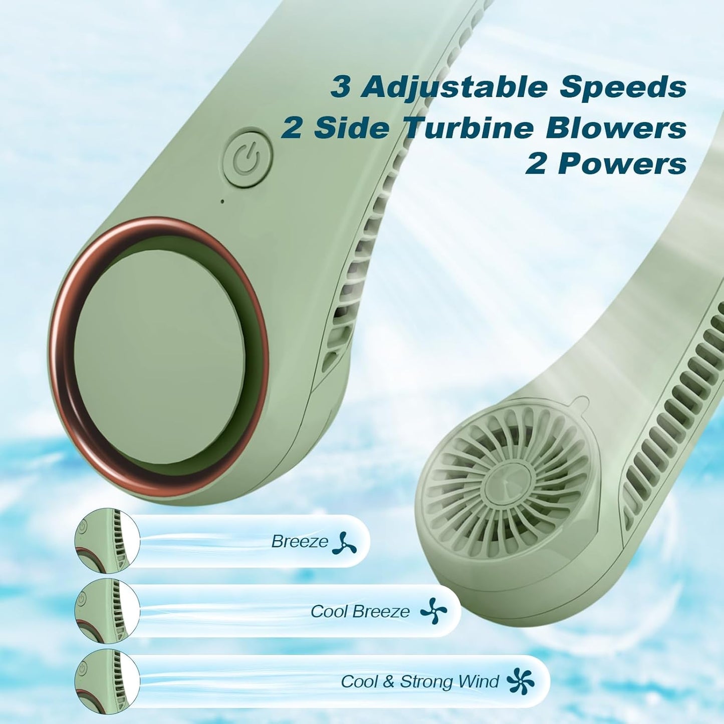 CIVPOWER Neck Fan: Portable Personal Neck Cooling Rechargeable Bladeless Fan - Hands Free 3 Speed 4000 mAh Battery USB Operated Wearable Headphone Design - for Men Women Outdoor Indoor (Light Green)