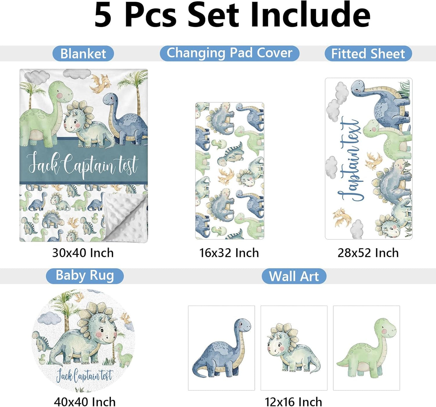 Custom Baby Crib Bedding Set, 5 Pcs Personalized Name Green Dino Baby Crib Set for Kid Infant Toddler, Double Layer Customized Present