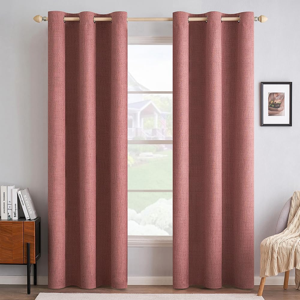 MIULEE 100% Blackout Linen Textured Curtains for Bedroom Solid Thermal Insulated Dusty Rose Grommet Room Darkening Curtains & Drapes Luxury Decor for Living Room Nursery 42 x 84 Inch (2 Panels)