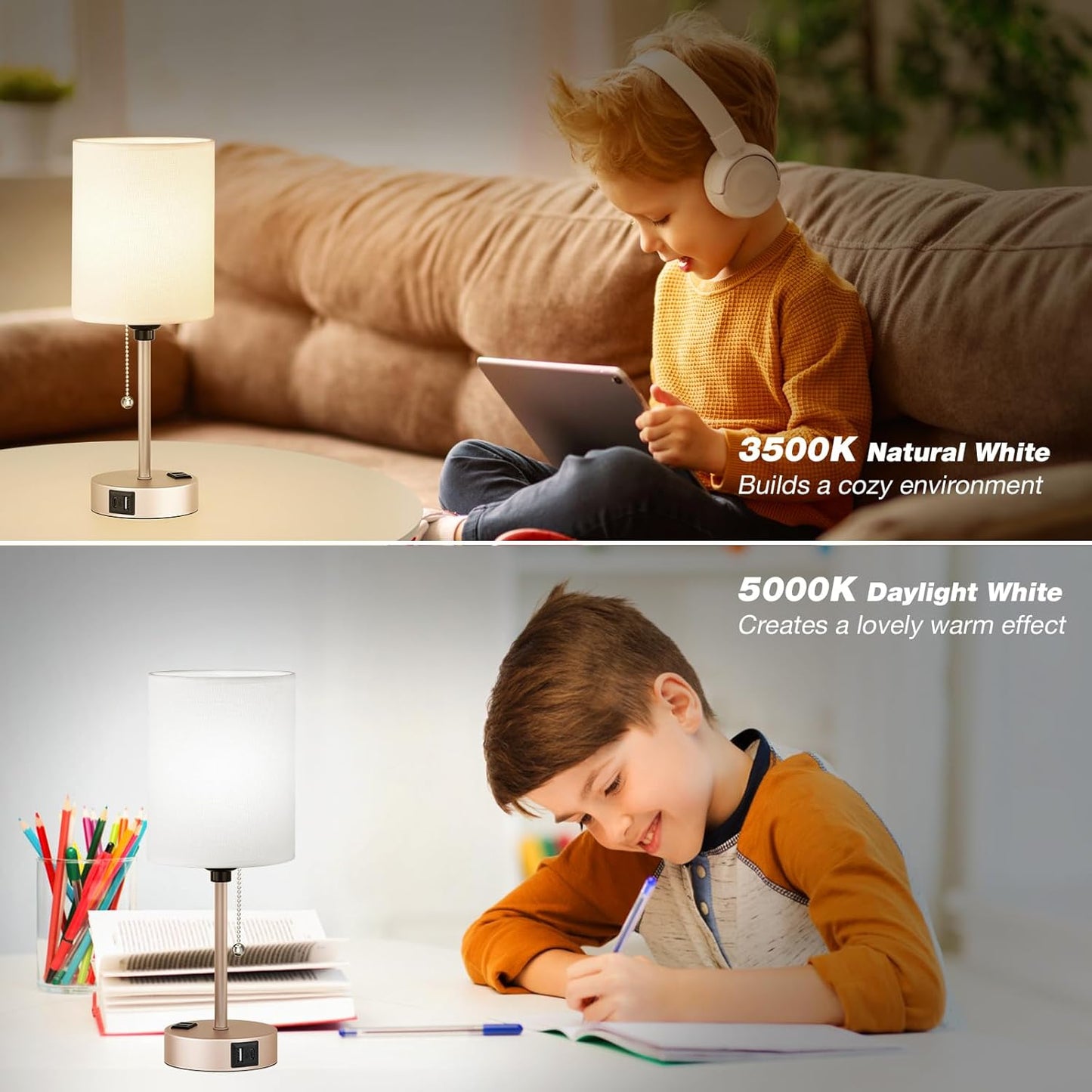 Small Bedside Table lamp for Bedroom - 3 Color Temperatures Bedside Lamps with USB C and A Ports, Pull Chain Table Lamps with AC Outlet, Gold Nightstand Lamps with White Shade for Kids Reading