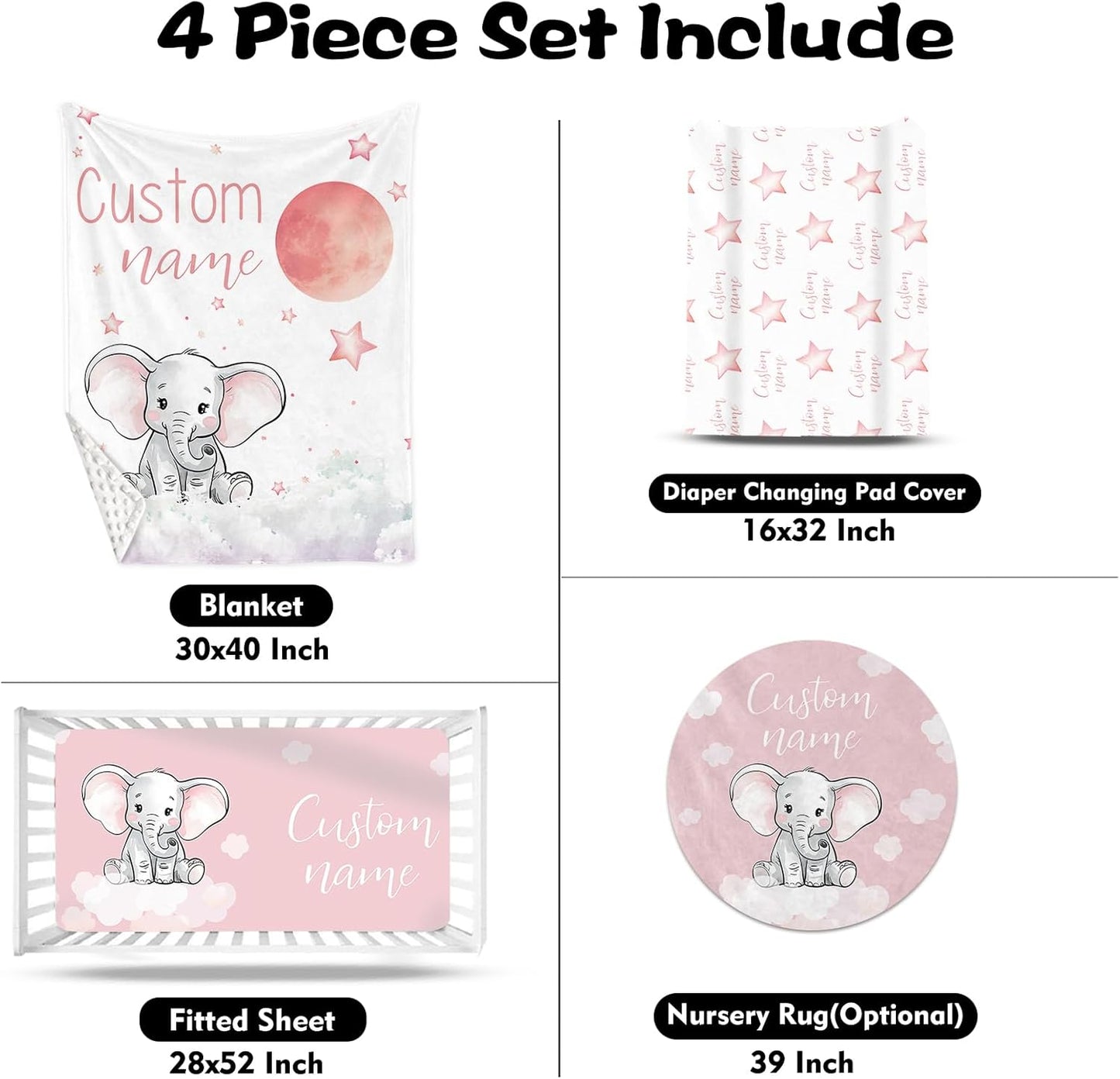 Custom Nursery Crib Bedding Set: Personalized Name 4 Piece Starry Sky Elephant Design Baby Crib Sets for Girls - Toddler Double Layer Blanket Set, Comfortable Crib Bed Sheets for Baby Toddlers