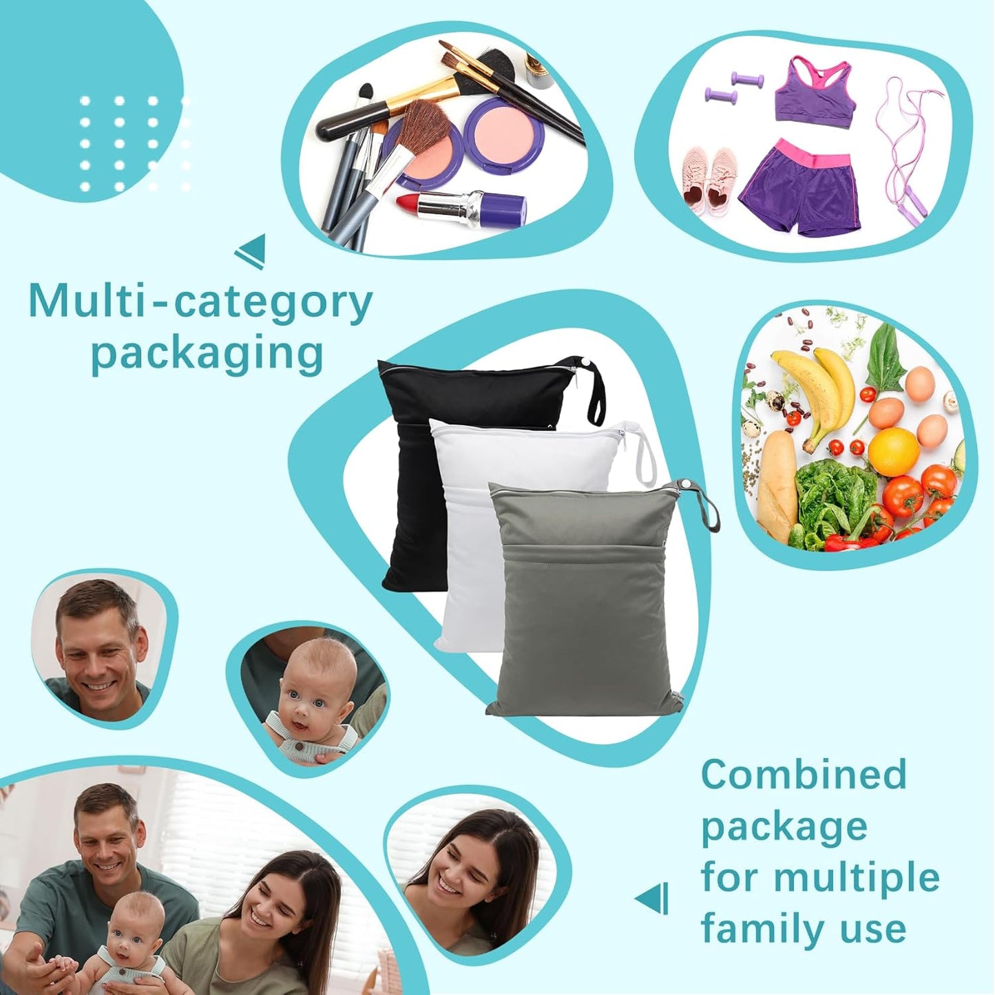 babygoal Wet Dry Bags for Baby Cloth Diapers, Washable Travel Bags, Beach, Pool, Gym Bag for Swimsuits & Wet Clothes with Two Zippered Pockets 3 Pack, 3LN24