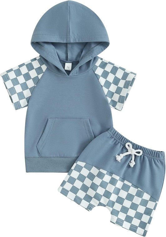 Toddler Baby Boy Summer Hooded Outfit Contrast Color Short Sleeve T Shirt Top Elastic Shorts Summer Clothes Set