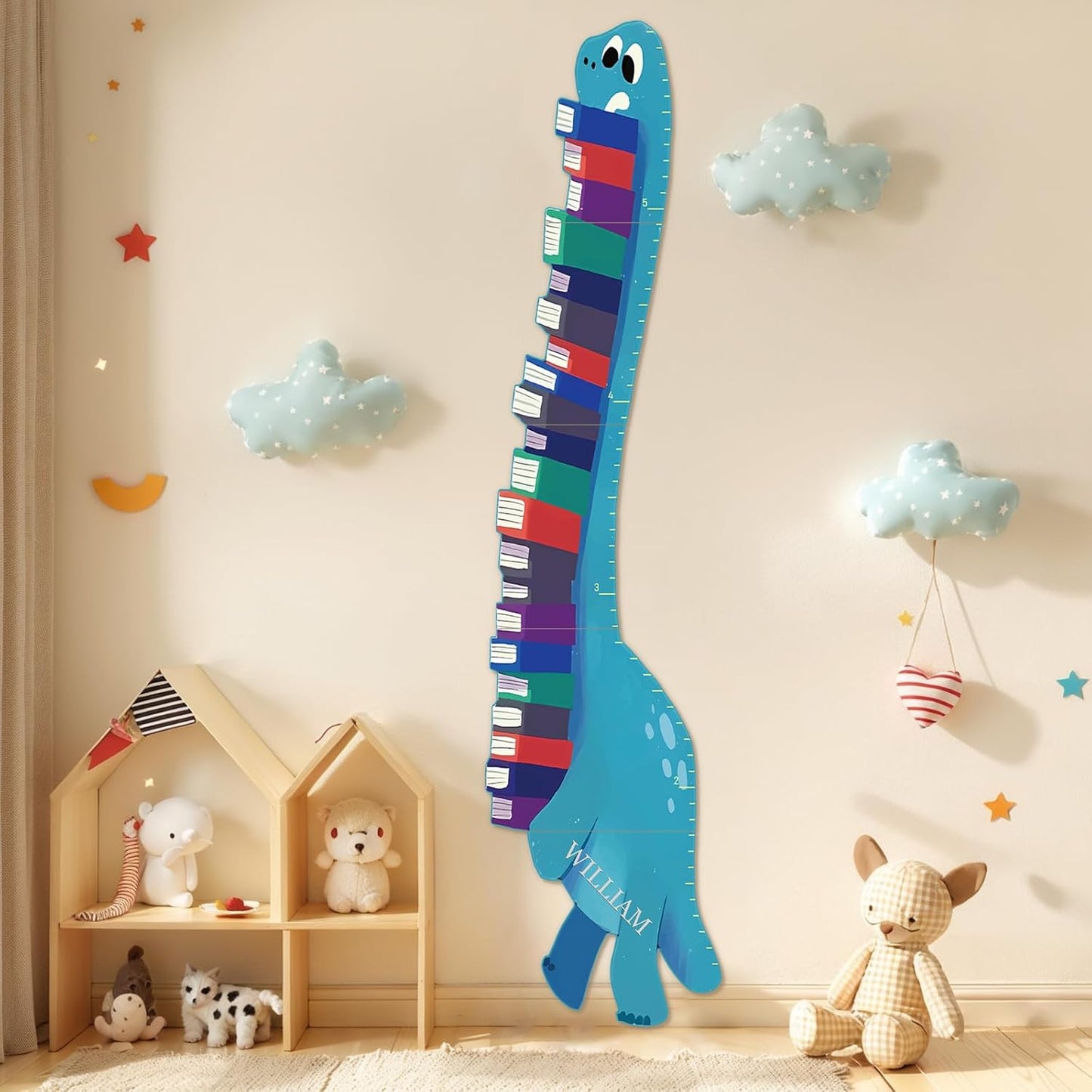Personalized Name Growth Chart for Wall, Dinosaur Book Wooden Growth Chart Kids Height Chart,Growth Ruler for Toddler Playroom Decor 62.4" x 15.5"