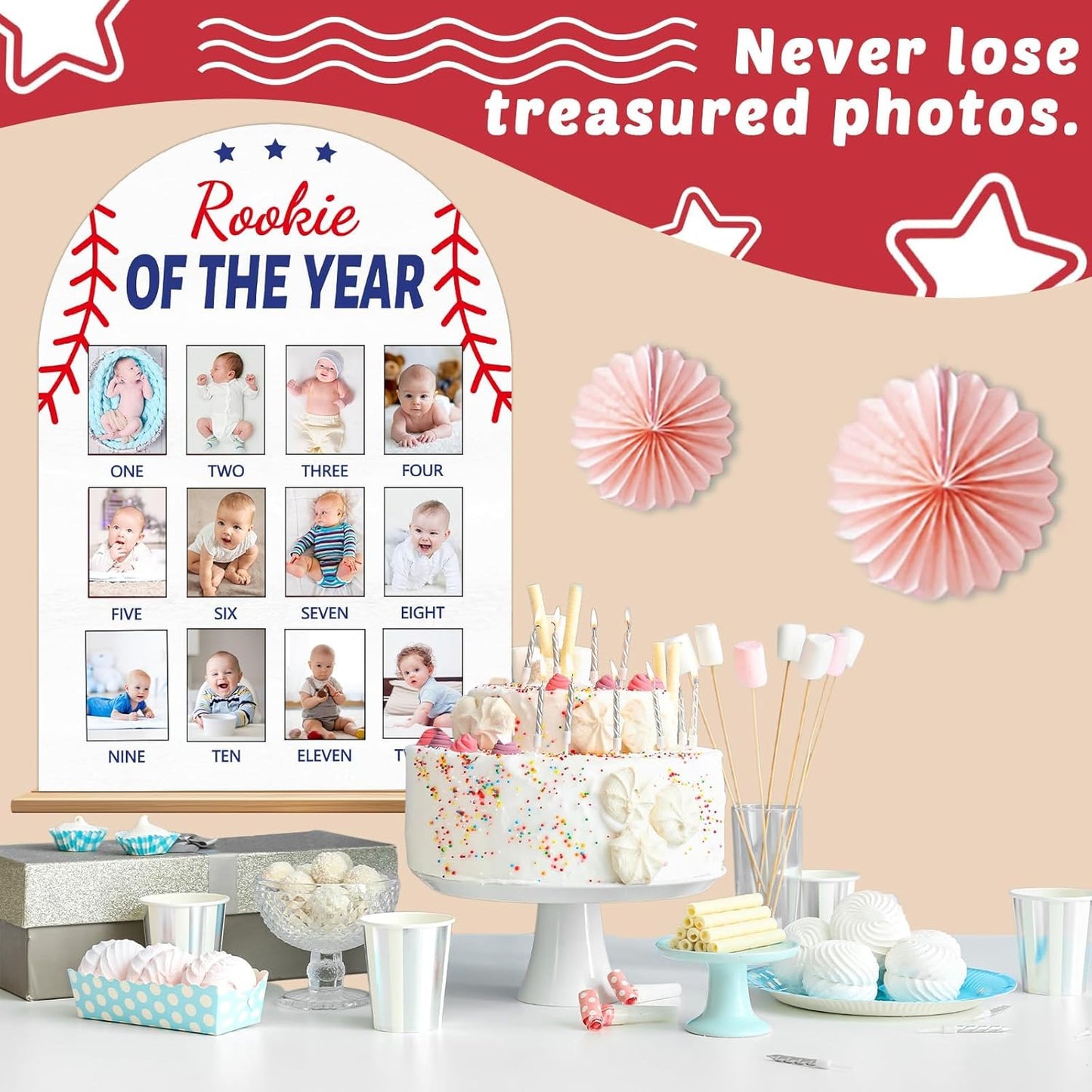 Baseball First Year Photo Board Rookie of the Year Birthday Party Decoration Wooden Board 12 Monthly Milestone Picture Frame Sports 1st Birthday Photo Banner for Baby Boy Keepsake Gift Supply2x2.8In