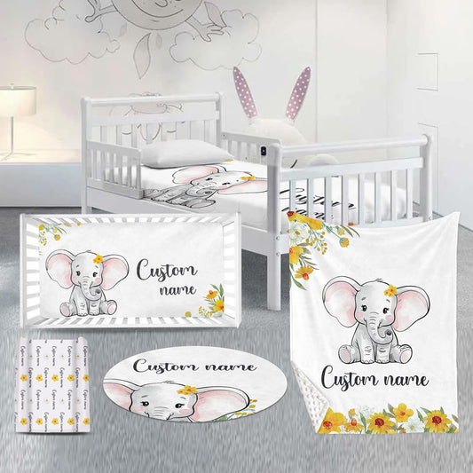Custom Nursery Crib Bedding Set: 4 Piece Yellow Floral Elephant Design Baby Crib Sets for Girls with Personalized Name - Toddler Double Layer Blanket Set, Comfortable Crib Bed Sheets for Baby Toddlers