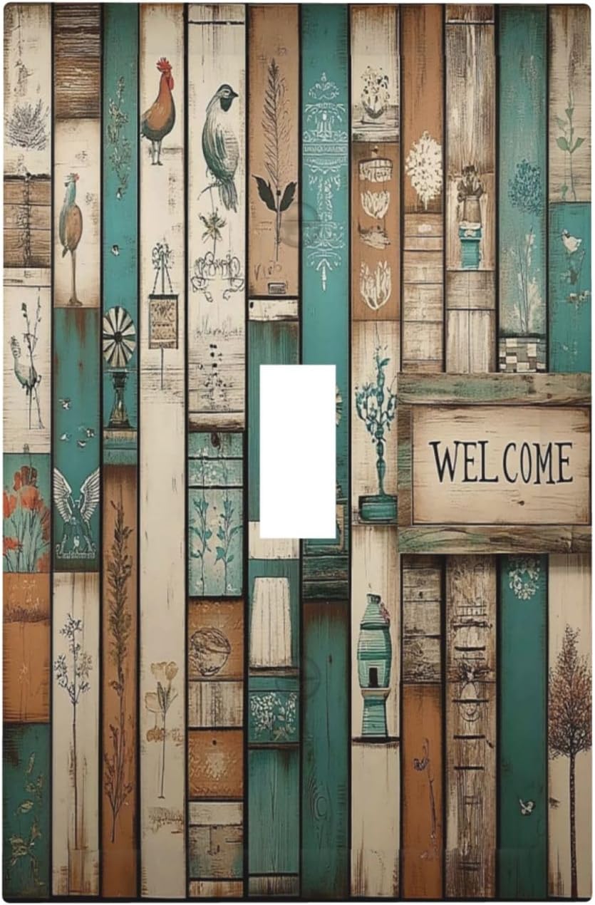 Decorative Light Switch Cover Vintage Wood Brown Turquoise Splicing 1 Gang Single Toggle Device Electrical Faceplate Switchplates Decorator Outlet Wall Plate For Farmhouse Cabin Decor