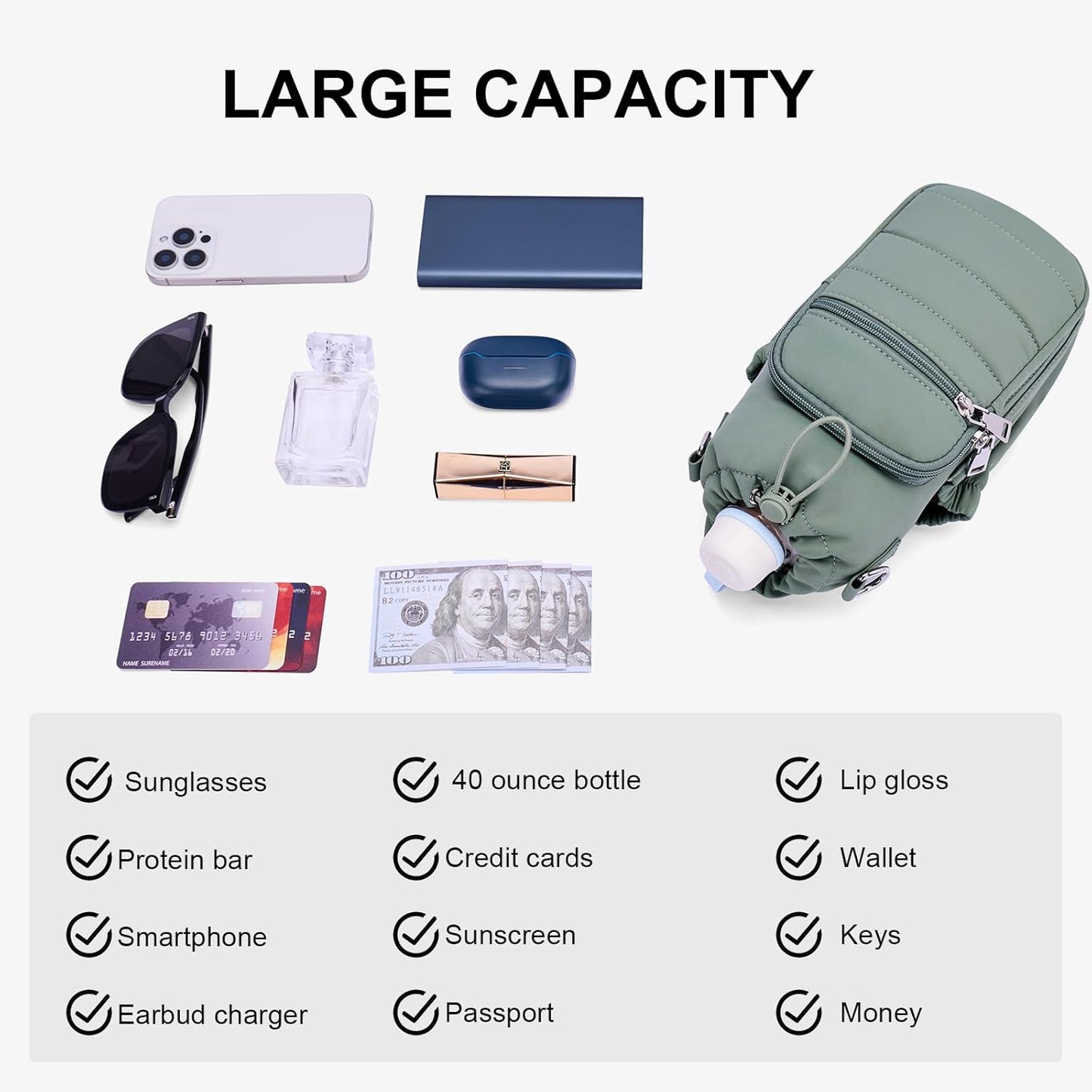 Water Bottle Bag 40 oz Crossbody Holder for Walking Hiking Insulated Carrier Purse with Adjustable Strap