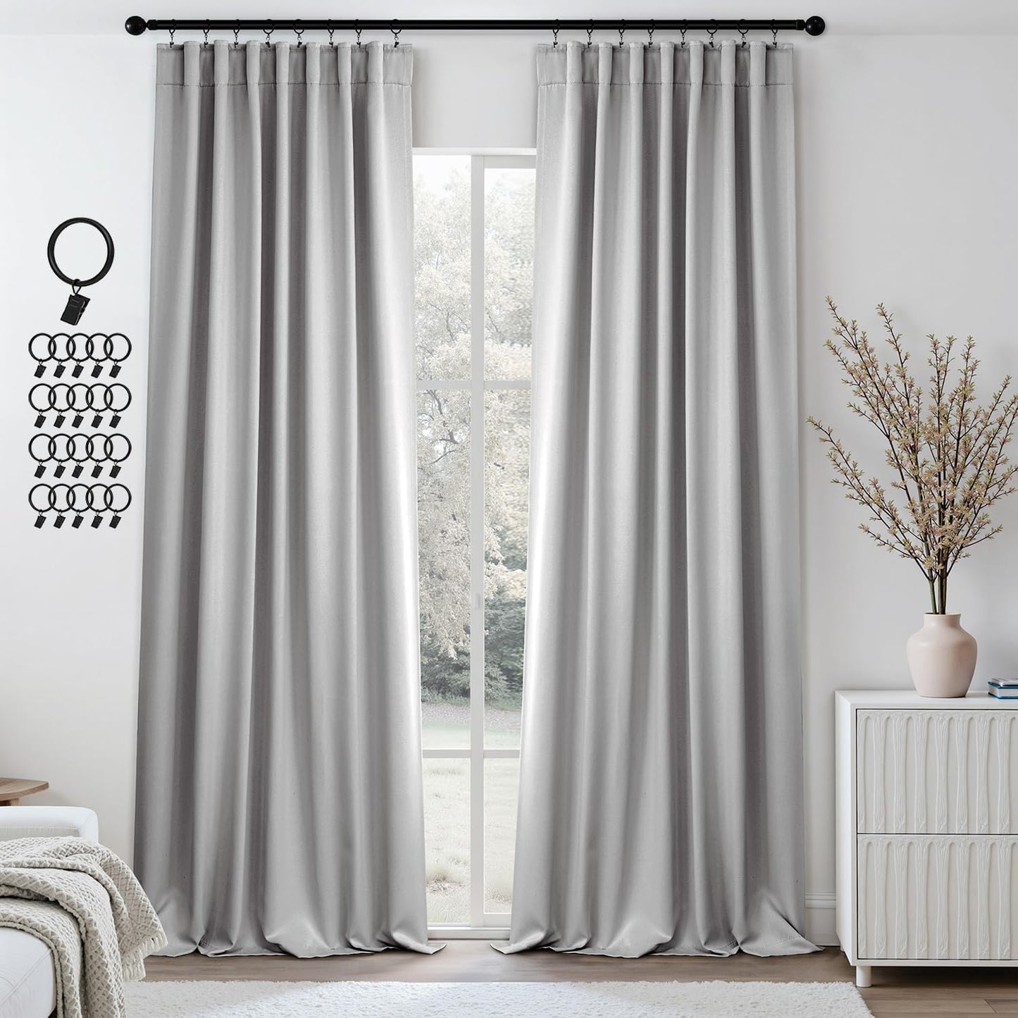 ANRODUO Back Tab Blackout Curtains for Bedroom Living Room, Rod Pocket Pinch Pleated Thermal Insulated Room Darkening Curtains 96 Inches Long 2 Panels, Light Grey, 42 x 96 Inch