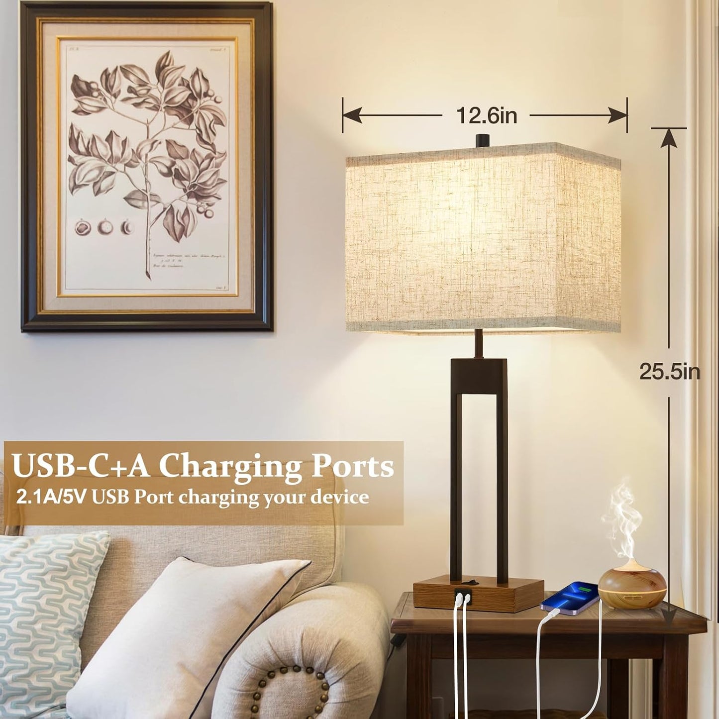 25.5'' Set of 2 Modern Bedroom Table Lamps with USB C+A Ports, 3 Color Changeable, Brown Night Stand Lamps for Bedside, Guest Room, Office, Reading