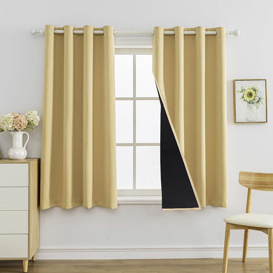 Anytime 100% Blackout Curtain Set, Thermal Insulated & Energy Efficiency Window Draperies for Guest Room, Full Shading Panels for Shift Worker and Light Sleepers（Beige, 2 Panels, 52W x 63L）