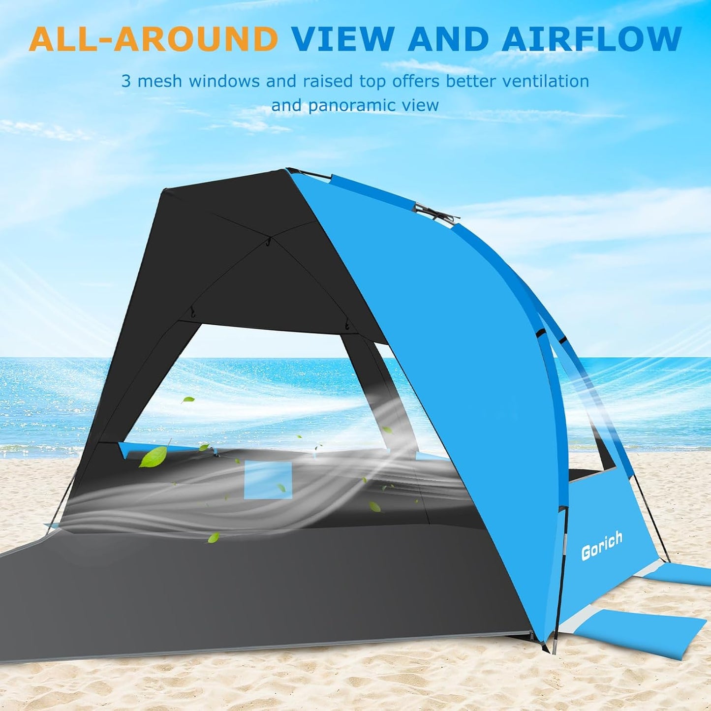 Gorich Portable Beach Tent for 3/4-5/6-7 Person with UPF 50+ UV Protection, Lightweight & Foldable Sun Shelter with 5 Sand Bags, Easy Setup Windproof Beach Umbrella Sun Shade