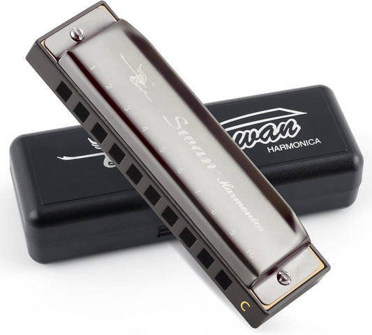 SWAN Blues Harmonica C Key for Kids& Adults, 10 Hole 20 Tone Diatonic Harmonica Key of C Blues Harp for Beginners& Students, Mouth Organ in Stainless Steel Gunmetal Black, SW1020-7C