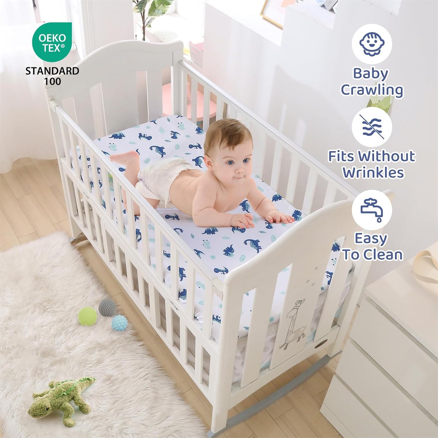 Wowelife Dinosaur Crib Bedding Set for Boys Blue, Premium 3-Piece Baby Bedding Set, Nursery Crib Set, Newborn, Infant & Toddler Nursery Bed Set, Blue Dinosaur