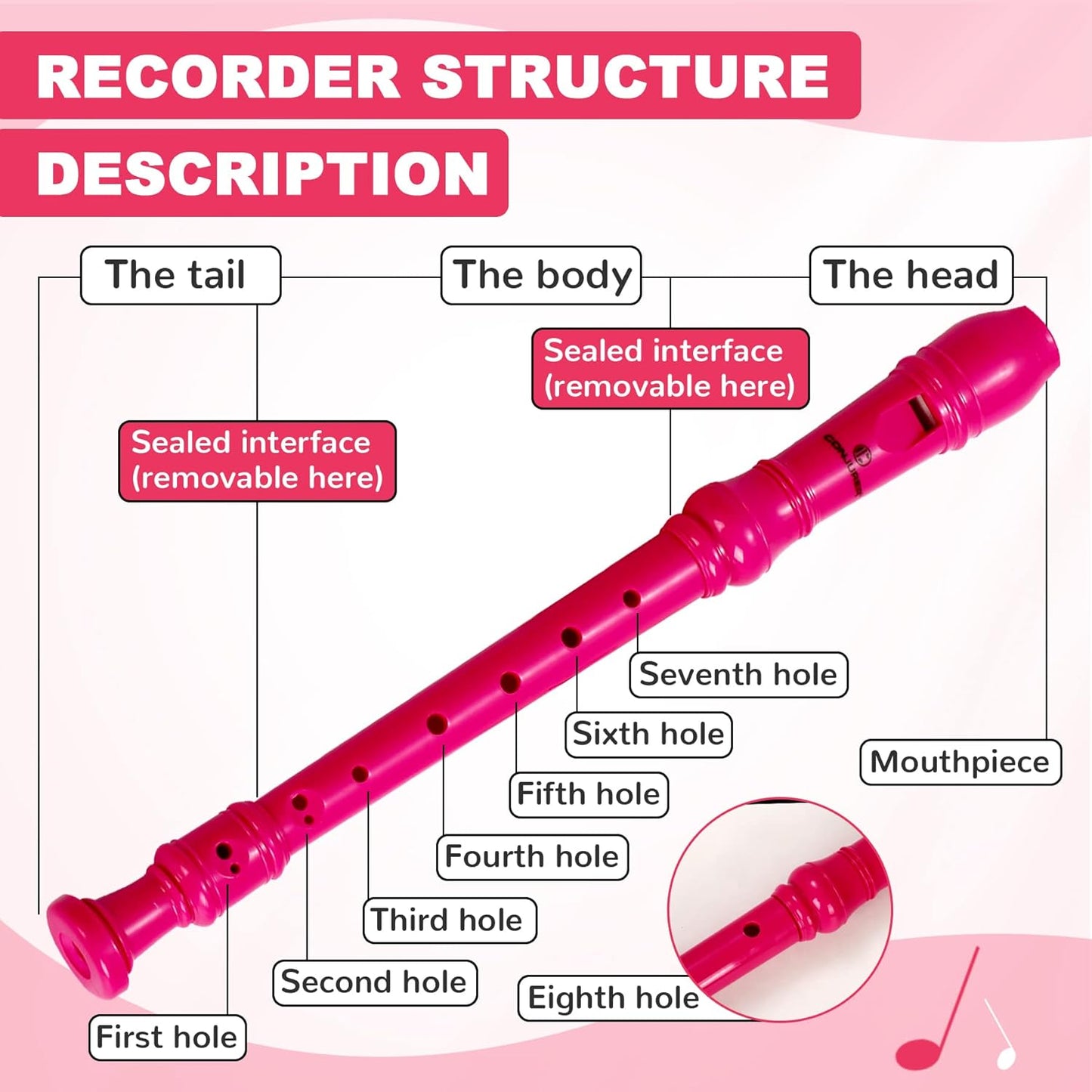 Soprano Recorder Instrument for Kids Student - German Fingering 8 Hole Flute ABS Descant Recorders for Beginners with Cleaning Rod and Bag, Pink