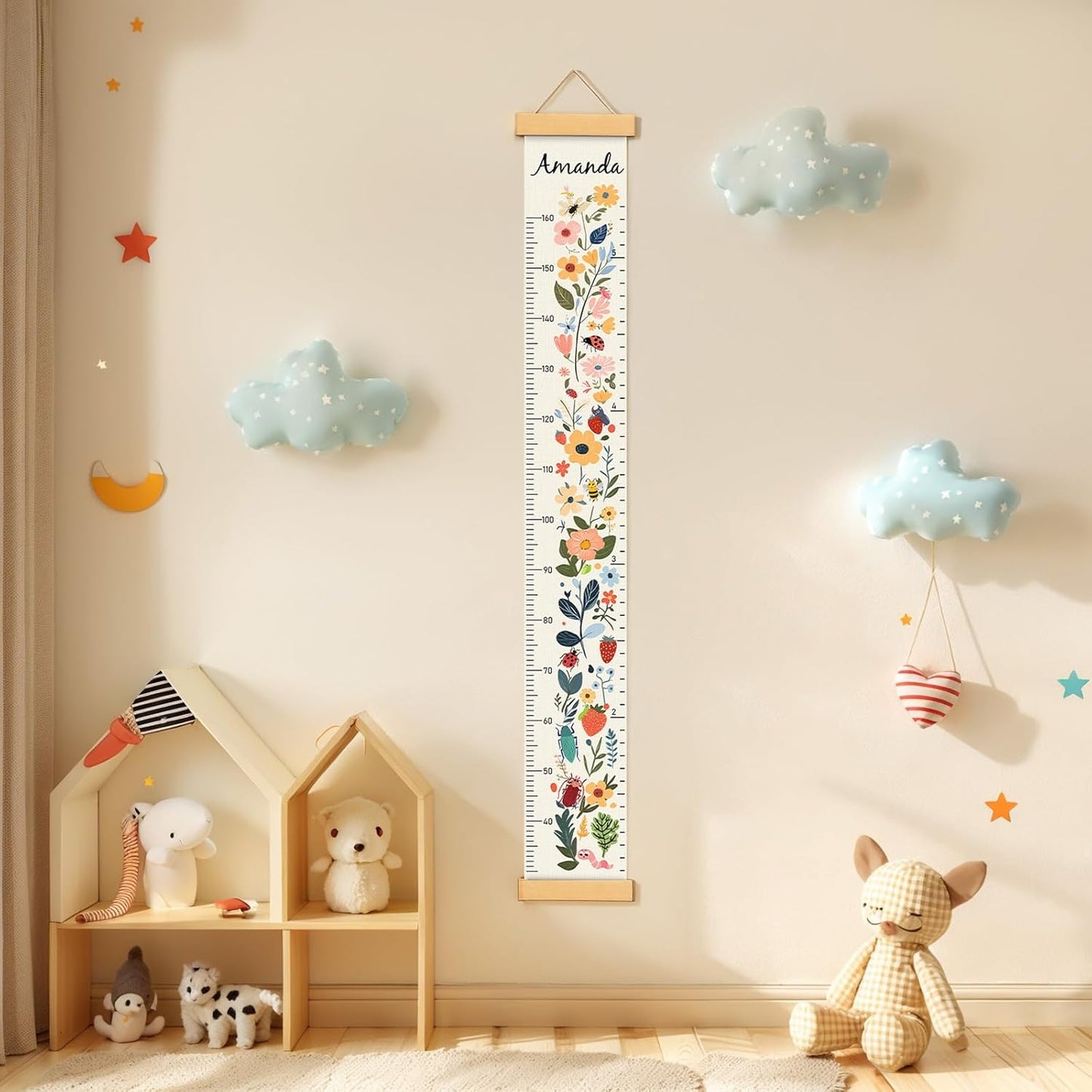 Personalized Name Growth Chart for Kids, Flower Canvas Height Chart Ruler Removable Hanging Wall Ruler Measurement Chart for Home Decoration, Waterproof Measuring Board, Foldable