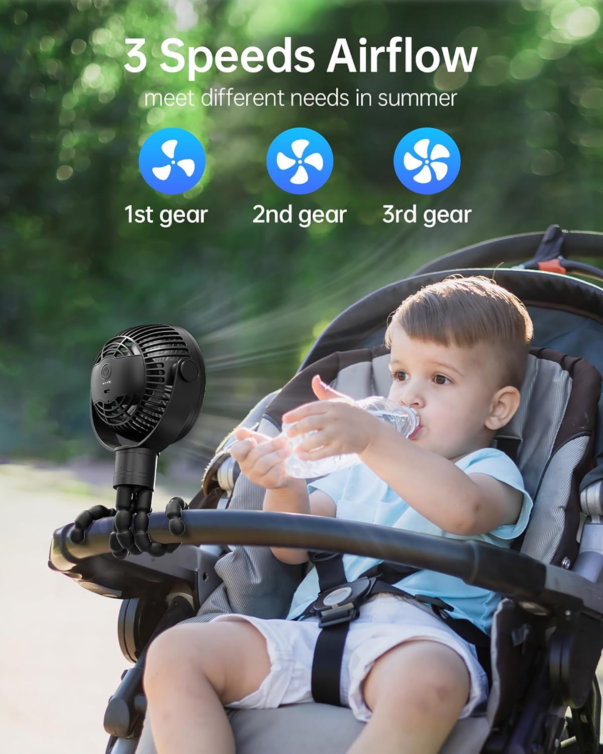 Stroller Fan Rechargeable Battery Powered Portable Fans, Head Detachable 360° Rotatable Clip on Fan, 3 Speed Quiet Small Mini Fans with Light Night for Carseat, Bed, Crib, Bike, Travel, Black