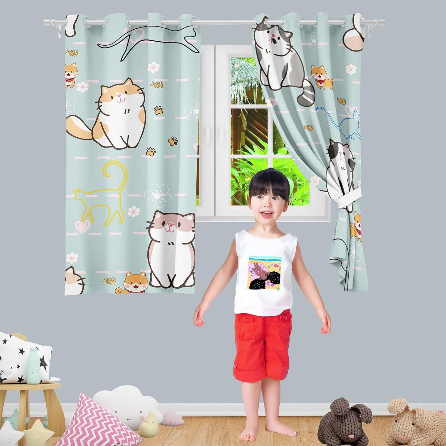 Lovely Cat Blackout Curtains 2 Panels 63" Inch Drapes for Kids Nursery Bedroom Kids Blackout Curtains Animal Themed Grommet Top Thermal Insulated Curtains for Nursery, 82 in x 63 in
