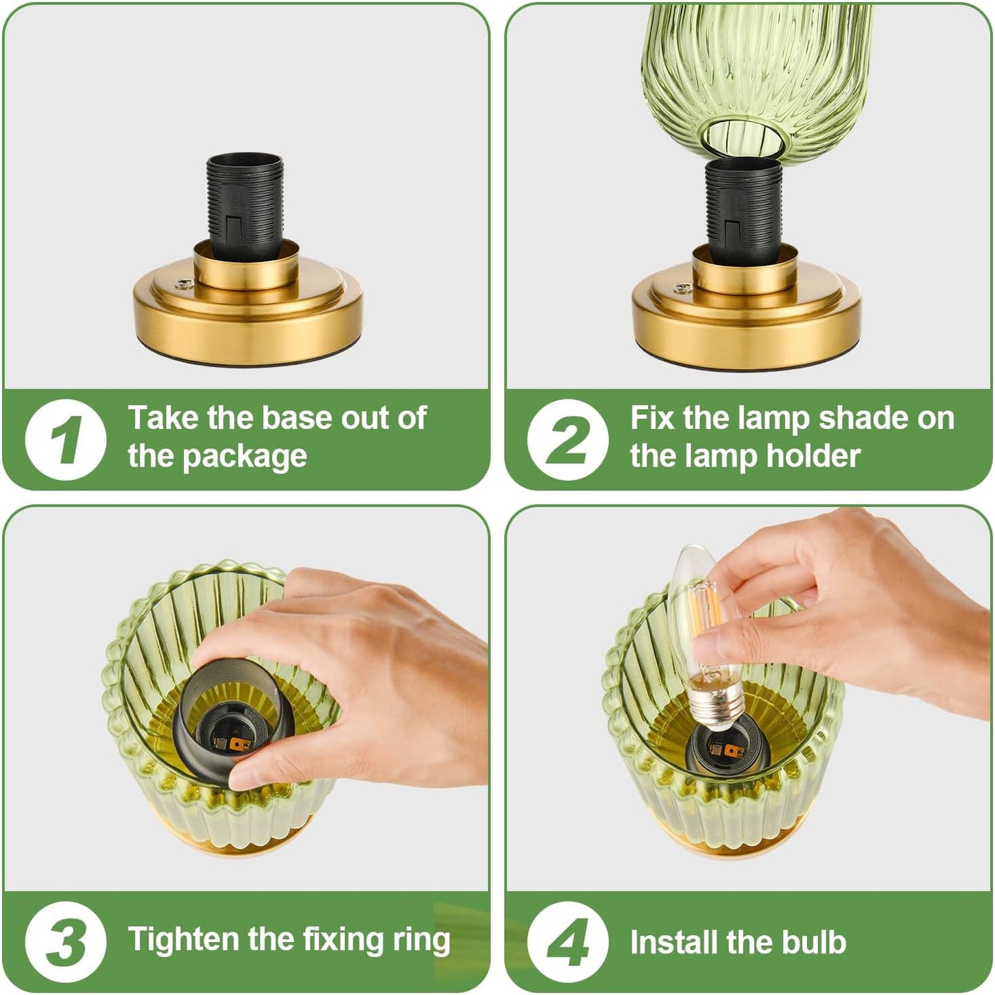 Small Table Lamp for Bedroom, Dimmable Cordless Lamp, Rechargeable Battery Operated Lamp with Green Glass Shade Touch Lamps for Night Stands, Living Room, Desk, Bulb Included