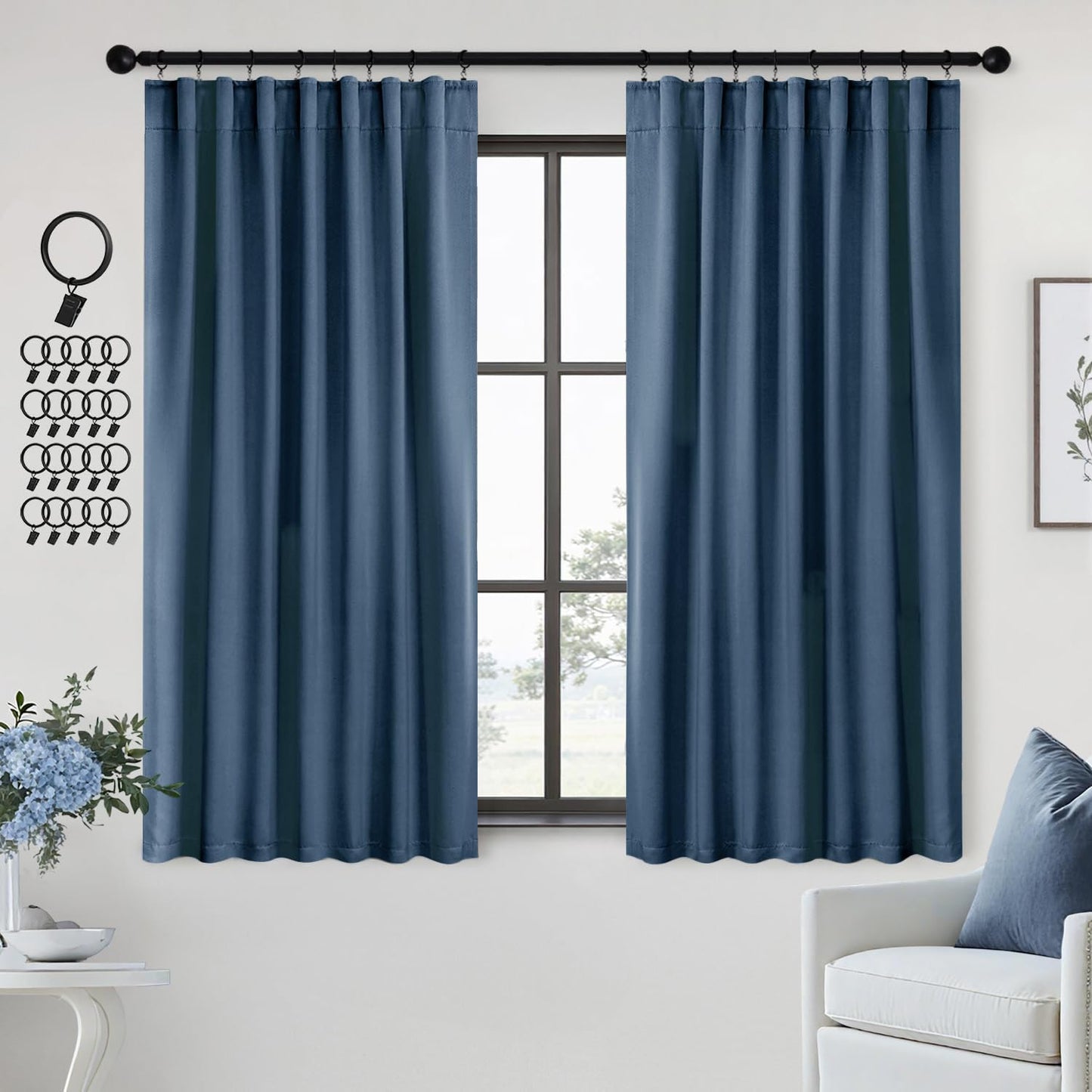 ANRODUO Back Tab Blackout Curtains for Bedroom Living Room, Rod Pocket Pinch Pleated Thermal Insulated Room Darkening Curtains 63 Inches Long 2 Panels, Stone Blue, 42 x 63 Inch