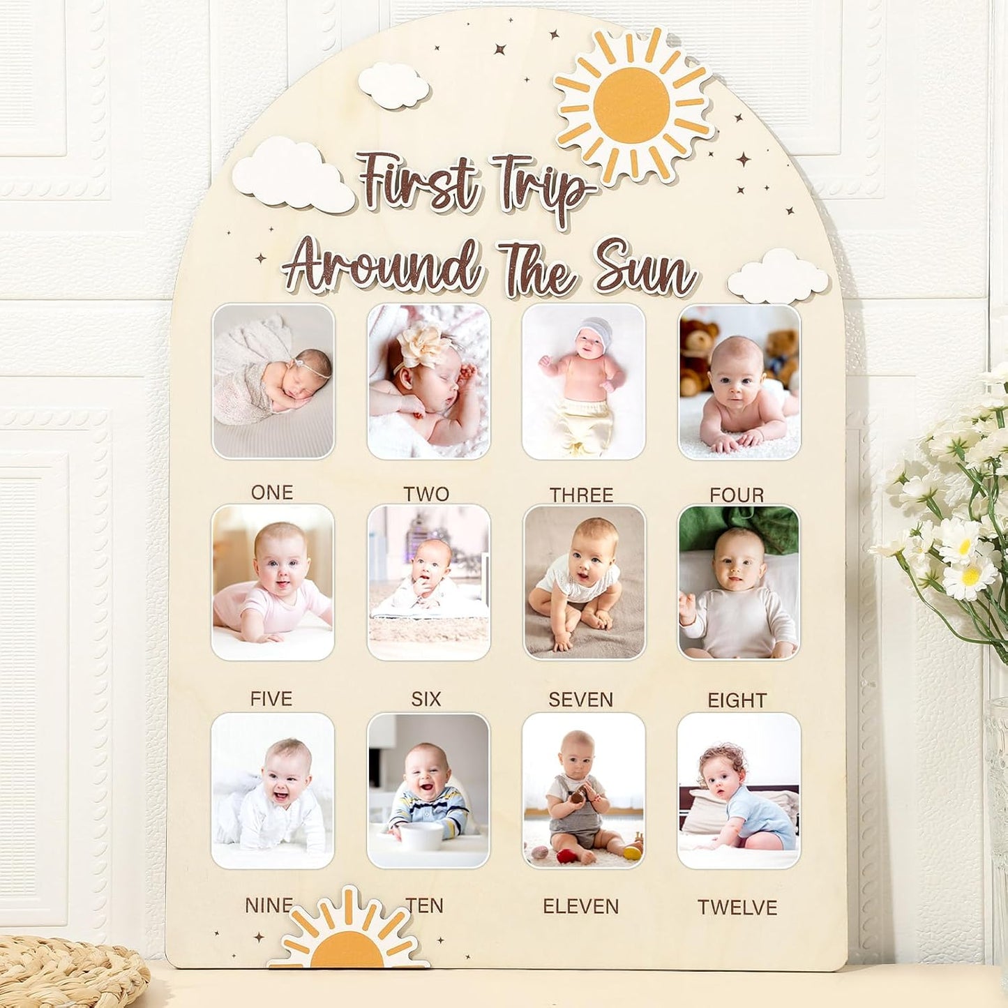 First Trip Around the Sun Photo Board Sunshine Birthday Party Wooden Board Decors 12 Monthly Milestone Picture Frame One Year Old Wood Sign 1st Birthday Photo Banner for Baby Keepsake Gift Supply