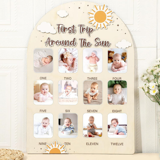 First Trip Around the Sun Photo Board Sunshine Birthday Party Wooden Board Decors 12 Monthly Milestone Picture Frame One Year Old Wood Sign 1st Birthday Photo Banner for Baby Keepsake Gift Supply