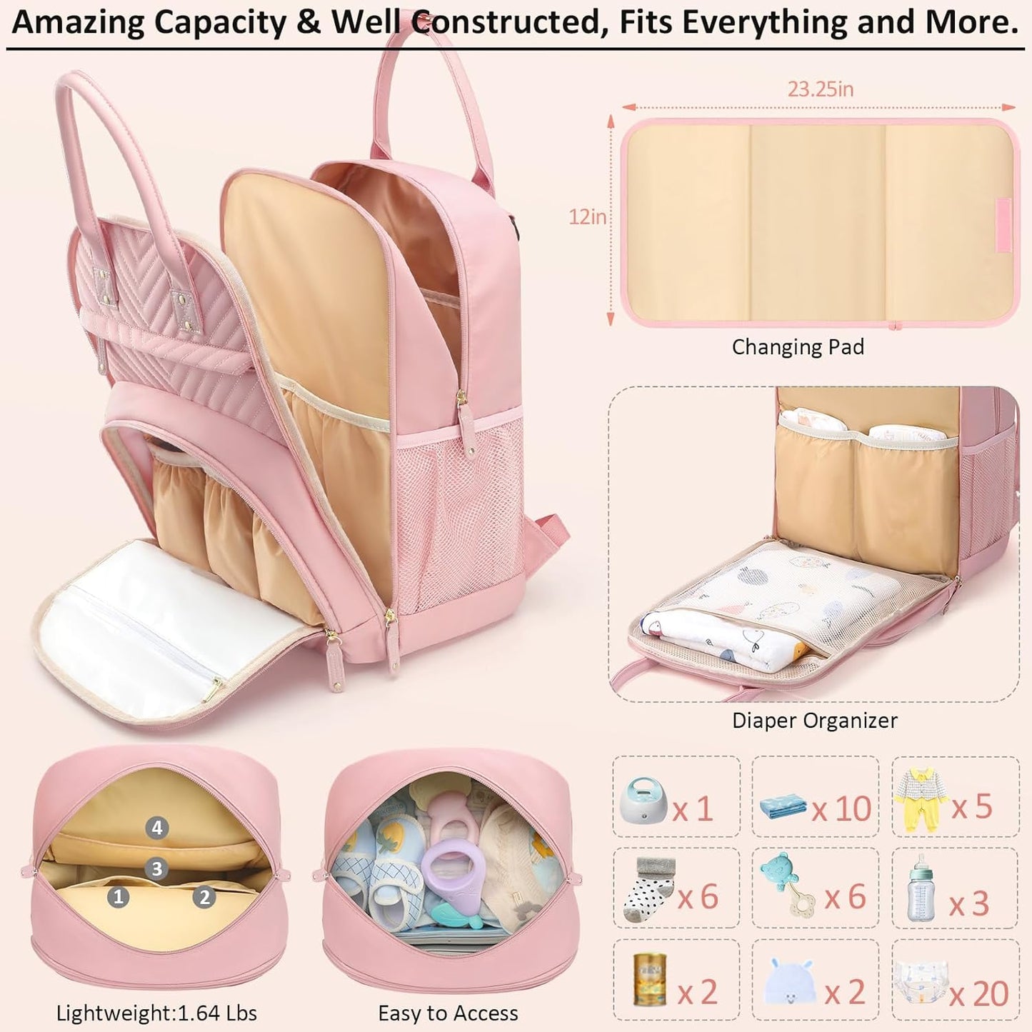 Diaper Bag Backpack for Women with Changing Pad, Baby Bag with Insulated Pockets Multifunctional Diaper Bags For Baby Girl Boy Waterproof Baby Bags For Boys Girls Maternity Bag Baby Pink