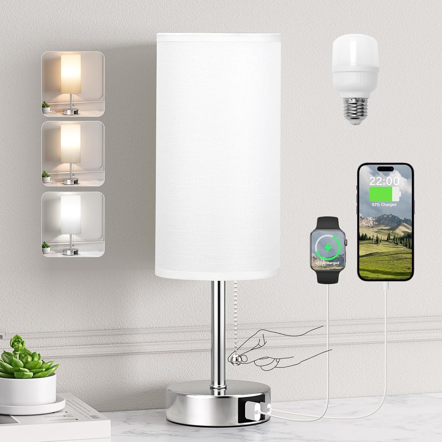 White Table Lamp for Bedroom Nightstand - Small Lamp with USB A + C Charging Port, 3 Color Temperatures Pull Chain Night Stand Light, Silver Base Desk Reading Lamp for Living Room