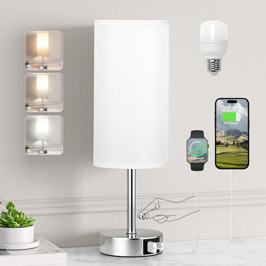 White Table Lamp for Bedroom Nightstand - Small Lamp with USB A + C Charging Port, 3 Color Temperatures Pull Chain Night Stand Light, Silver Base Desk Reading Lamp for Living Room