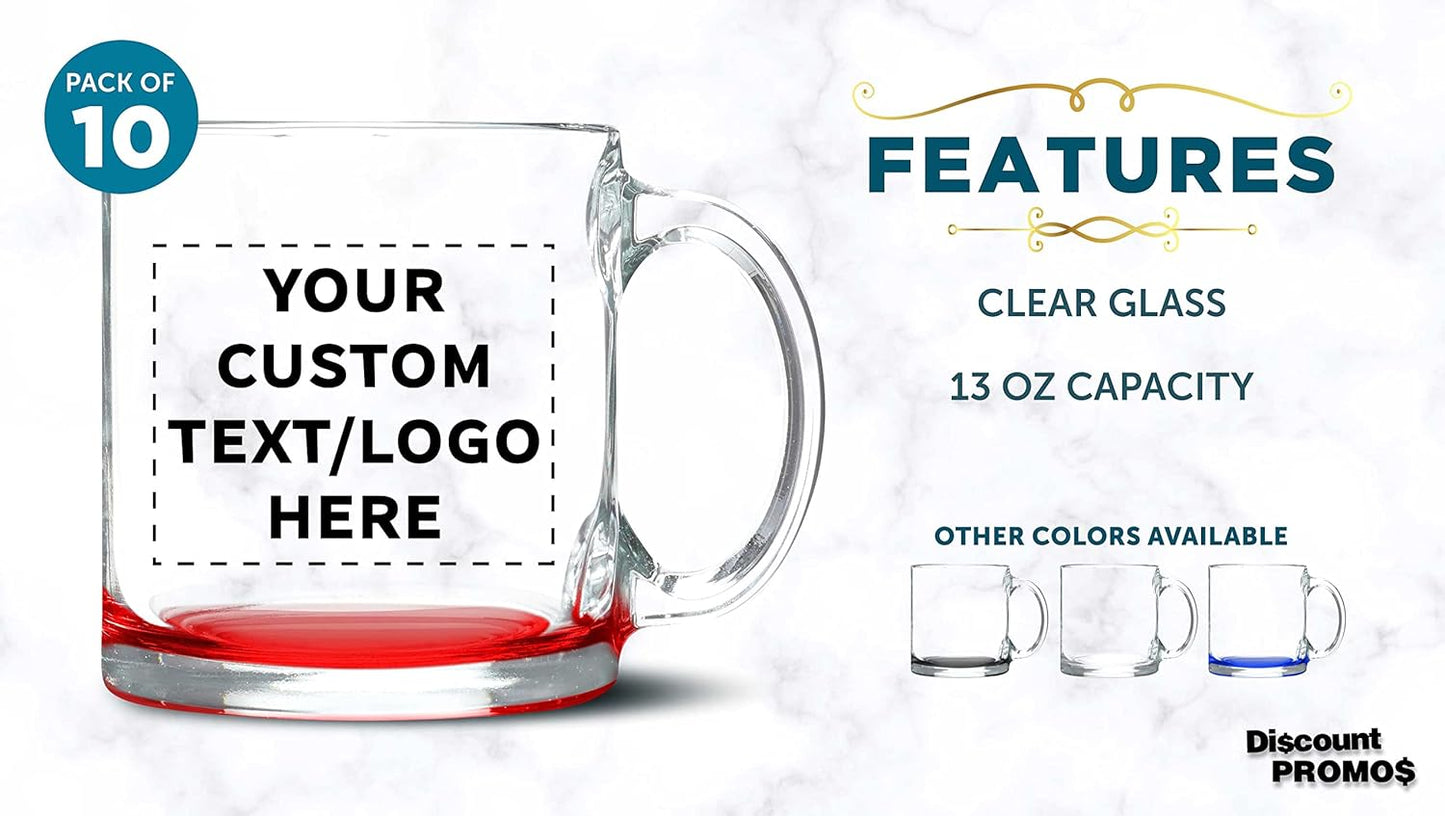Custom Libbey Clear Glass Coffee Mugs 13 oz. Set of 10, Personalized Bulk Pack - Perfect for Coffee, Tea, Espresso, Hot Cocoa, Other Beverages - Red Bottom