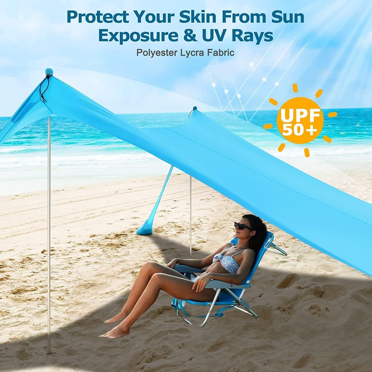 COMMOUDS Beach Tent Sun Shelter - UPF50+ Pop Up Beach Canopy with Sandbags & Sand Shovel & Windproof Poles, Portable Sun Shade for Beach, Camping, Picnics, Backyard