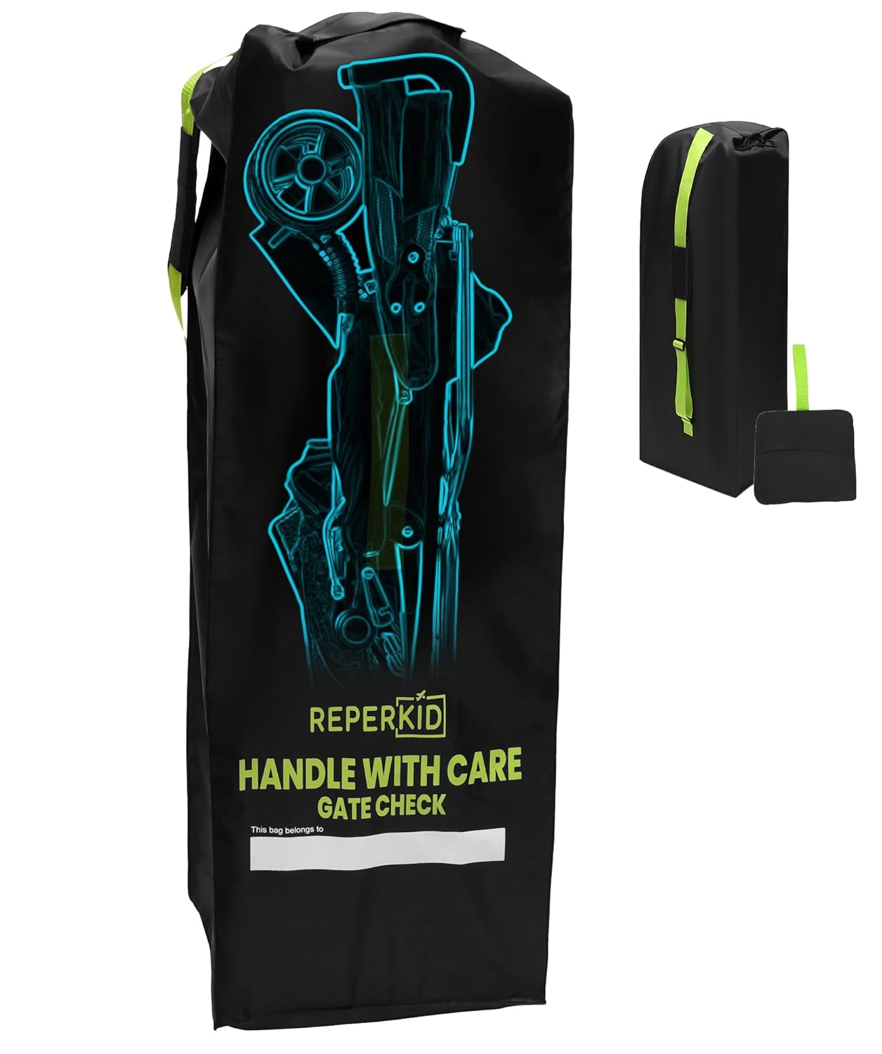 reperkid Umbrella Stroller Bag for Airplane Travel, Black and Green, 47" H x 15" W x 12" D, Fits Most Single and Double Umbrella Strollers – Premium Waterproof Cover, Adjustable Shoulder Strap