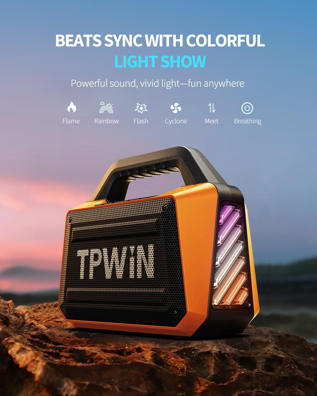 Portable Bluetooth Speaker Wireless - Loud Speakers 80W Peak, 20H Playtime, Light Show, TWS, Deep Bass, BT 5.3, IPX6 Waterproof for Outdoor Travel Camping Beach Pool - Orange