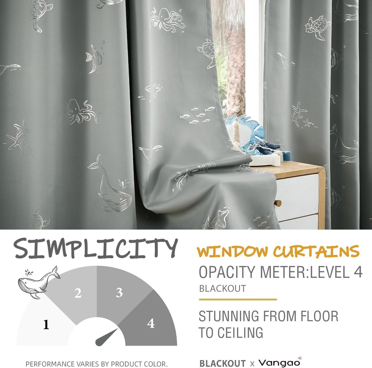Vangao Kids Curtains for Boys Bedroom Kids Blackout Curtains 63 Inch Length Ocean Aquarium Nursery Drapes for Girls Bedroom Silver Sea Animals Print Thermal Insulated Drapes, Grey 2 Panels