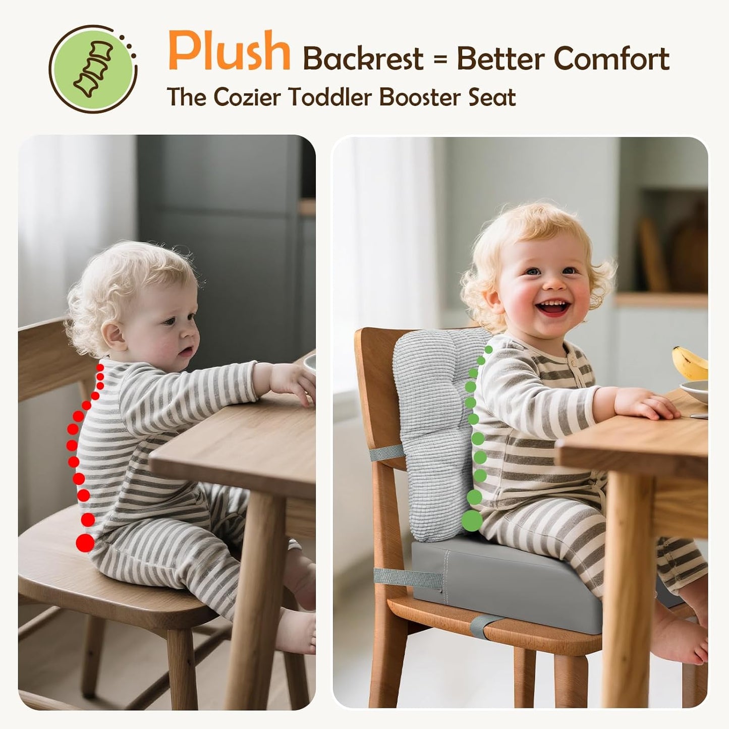 Booster Seat for Kitchen Chair with Comfy Backrest Pillow and Adjustable Safety Buckles,Non-Slip Kid Toddler Booster Seat for Dining Table, PU Travel Baby Booster Cushion Chair