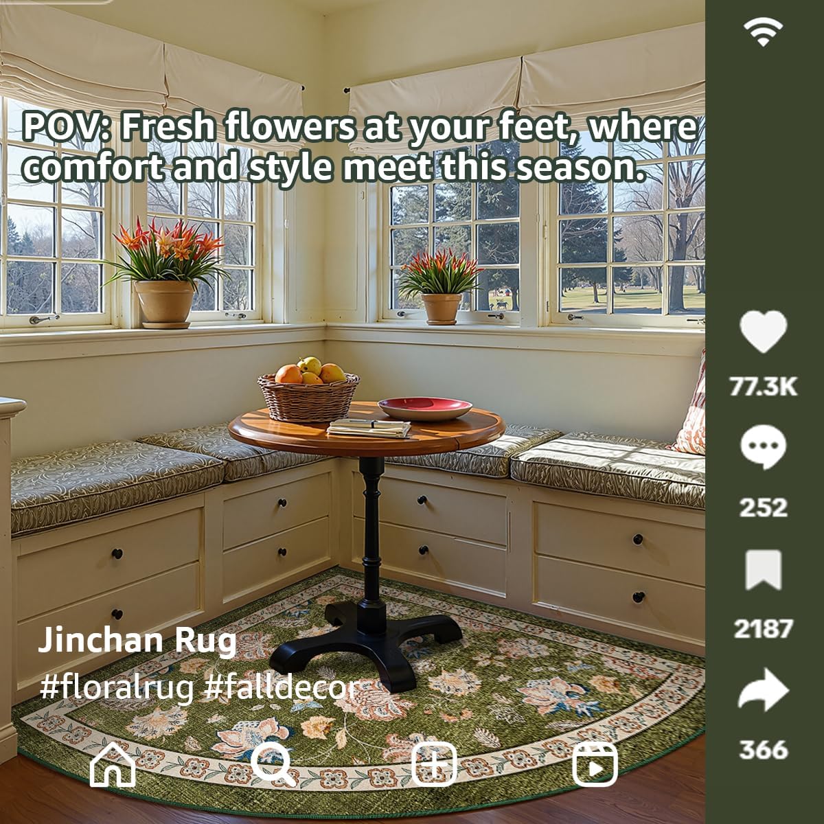 jinchan Floral Corner Rug for Living Room Washable Bedroom Rug Vintage Romance Design Non Slip Quarter Circle Lightweight Low-Pile Throw Carpet for Reading Nook Playroom,6ft Radius, Green