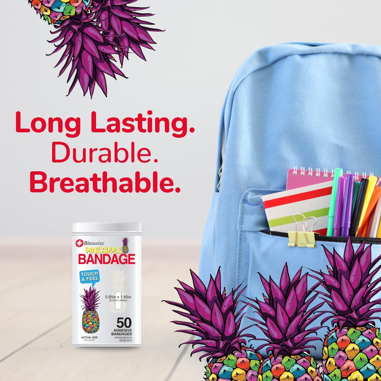 BioSwiss Bandages, Pineapple Shaped Self Adhesive Bandage, Latex Free Sterile Wound Care, Fun First Aid Kit Supplies for Kids, 50 Count