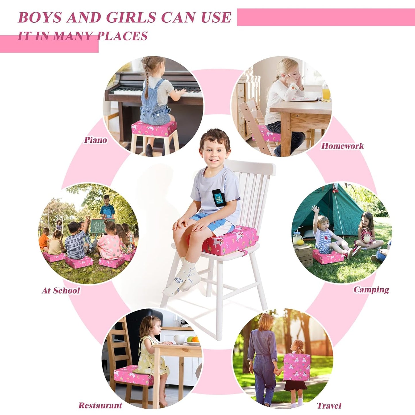 Toddler Booster Seat for Dining Table, Stronger Support Booster Seat for Table Washable 2 Safer Straps Non-Slip Bottom Portable for Kids Baby Increasing Cushion for Travel Home