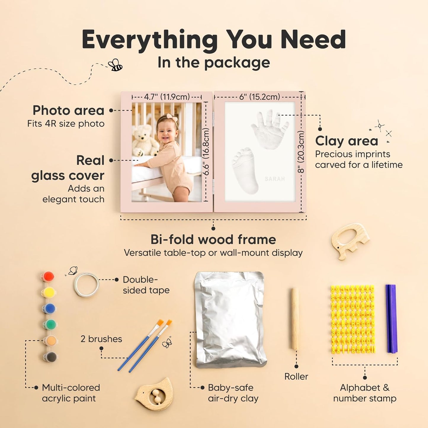 Personalized Baby Hand and Footprint Kit, Quick Dry Clay - Newborn Keepsake Feet and Handprint Kit, Nursery Picture Frame, New Mom Gifts for Baby Showers & Registry (Petal Pink)