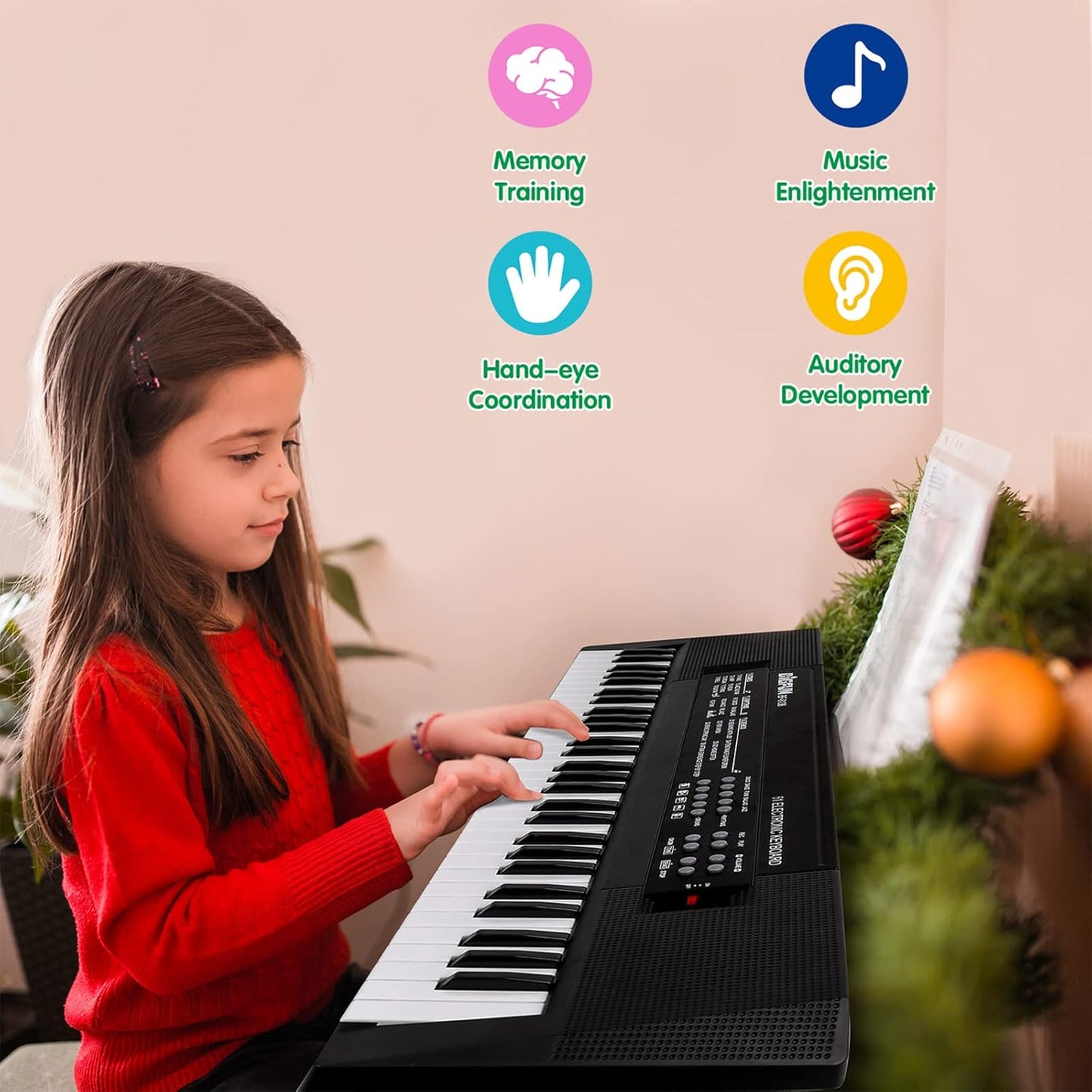 M SANMERSEN Kids Music Keyboard, 61-Key Portable Electronic Piano Toy with Microphone, Teaching Tool for Beginners, Ages 3-12, Black