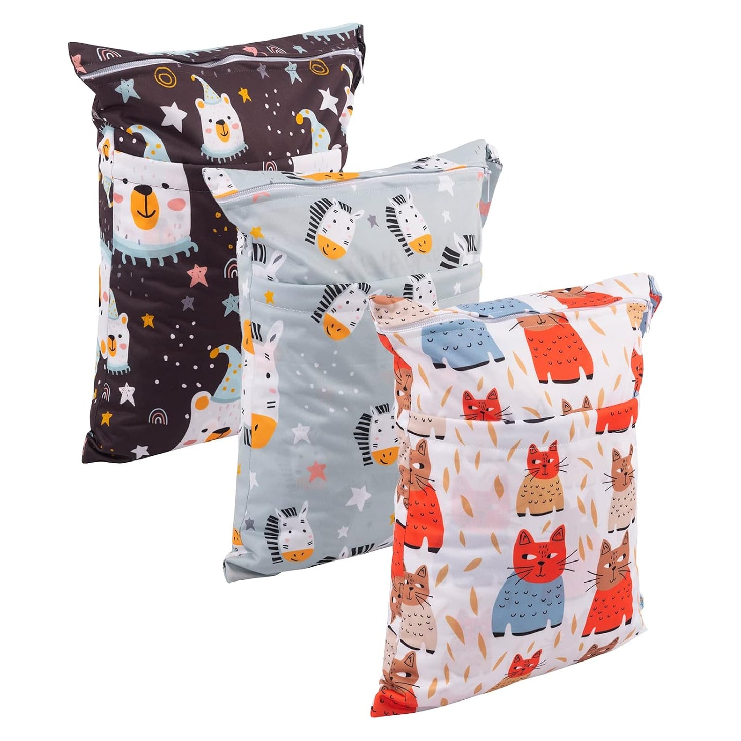 babygoal Wet Dry Bags for Baby Cloth Diapers, Washable Travel Bags, Beach, Pool, Gym Bag for Swimsuits & Wet Clothes with Two Zippered Pockets 3 Pack, 3LN26