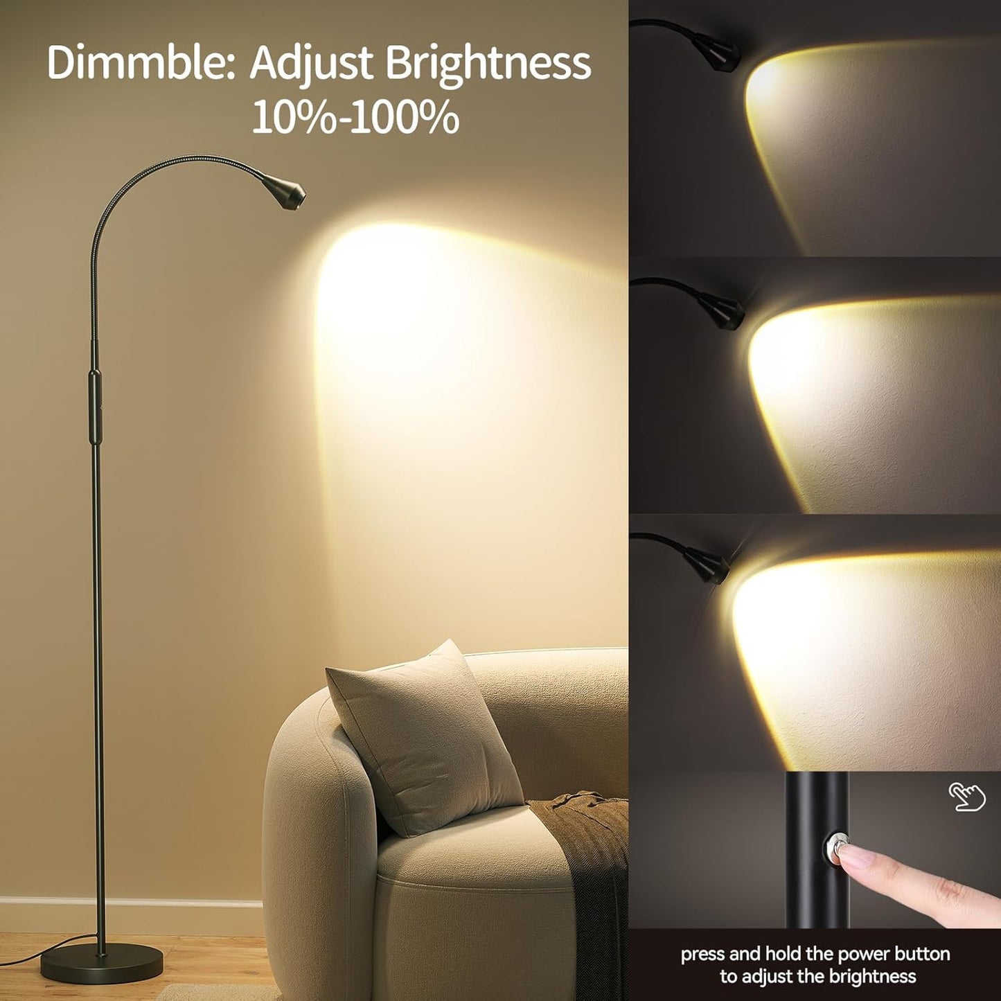 SUNMORY Adjustable LED Beam Floor Lamps for Living Room, Reading Lamp with Flexible Gooseneck, Dimmable Zoomable Spotlight, Work Light, Touch Control, Task Crafting Standing Lamp for Office Bedroom