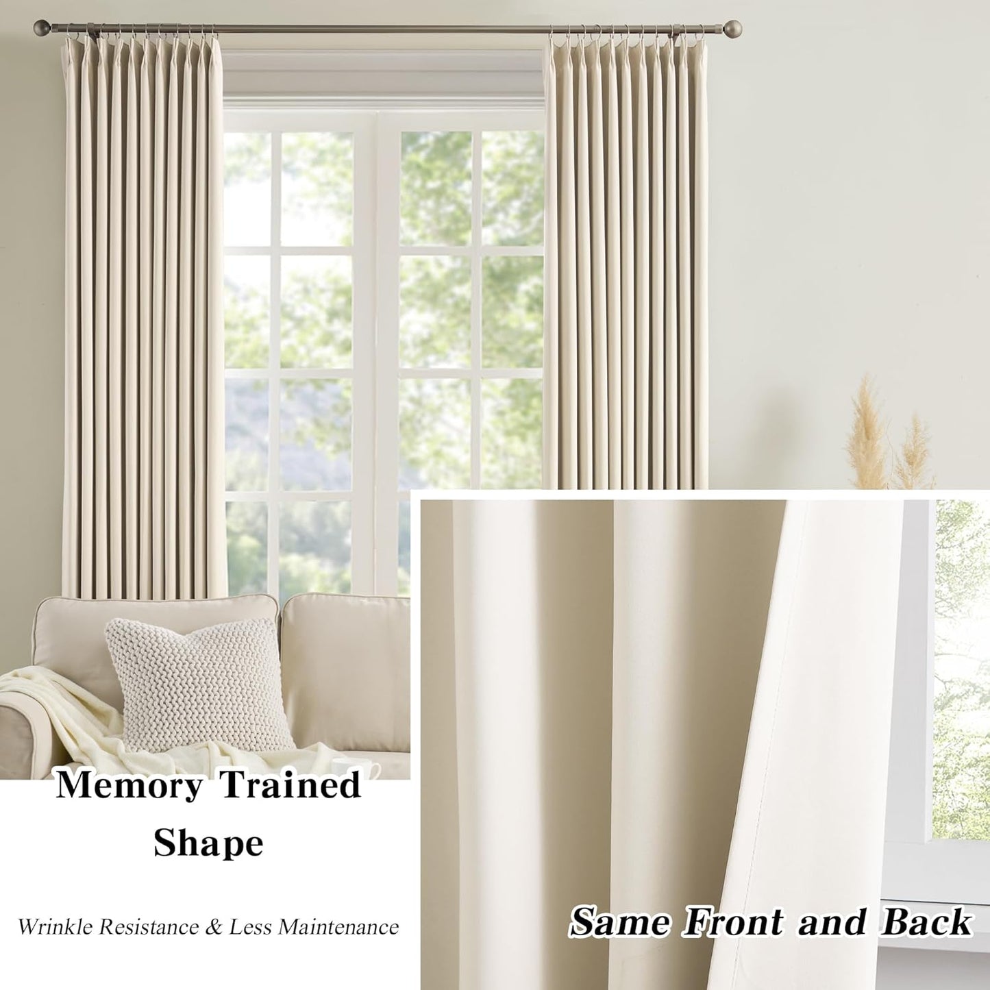 KEQIAOSUOCAI Cream Beige Fancy Track Curtains 90 Inches Long, 72 Inch Wide Blackout Double Window Treatment Sound Dampening Drapes for Bedroom/Living Room(Pinch Pleated,2 Panels, W72 x L90)