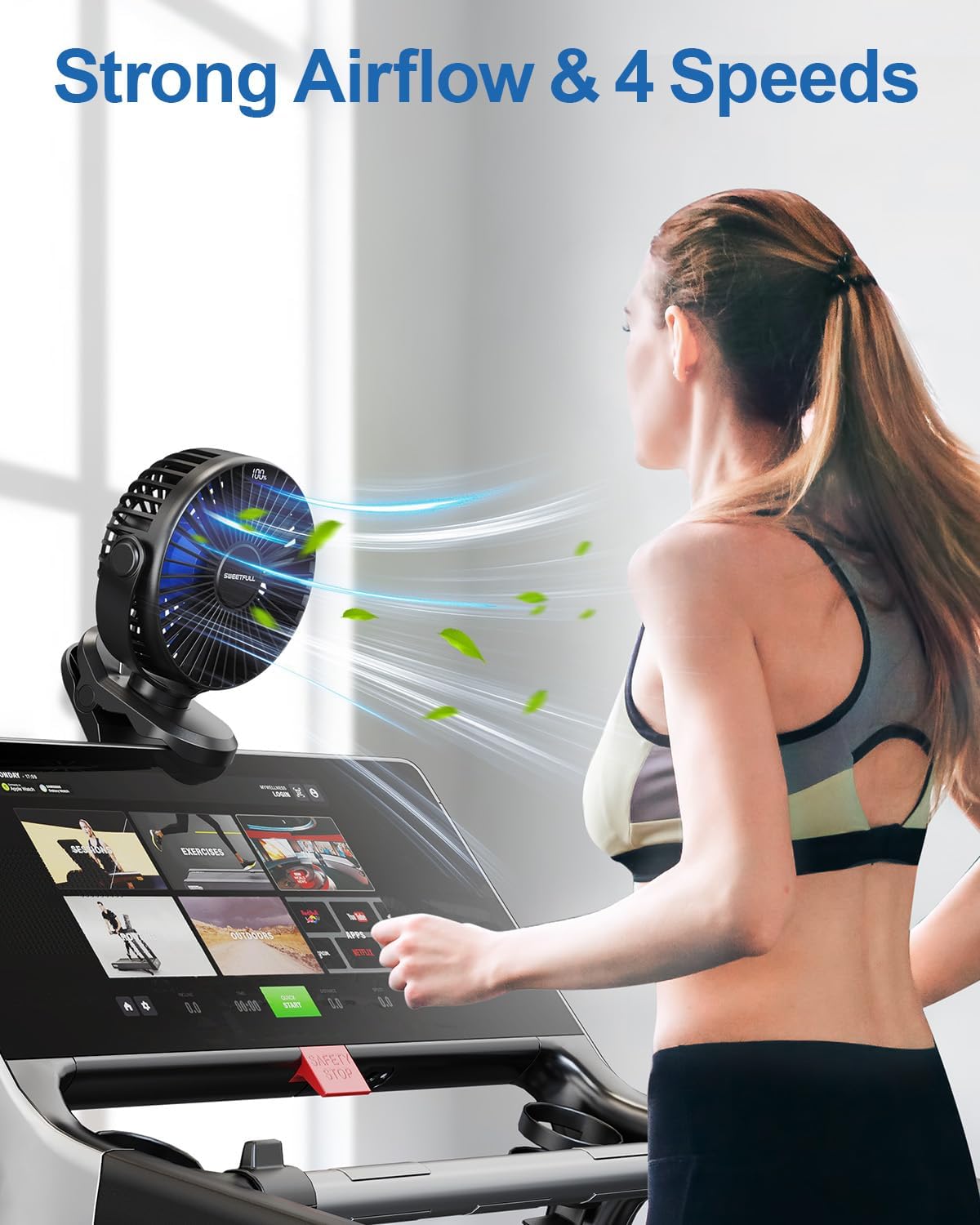 SWEETFULL Portable Clip on Fan - Battery Operated Stroller Fan, 4000mAh Small Rechargeable Fans with LED Display, 4 Speeds, Mini Personal Cooling Desk Cooler for Golf Cart Travel Camping Gym (Black)