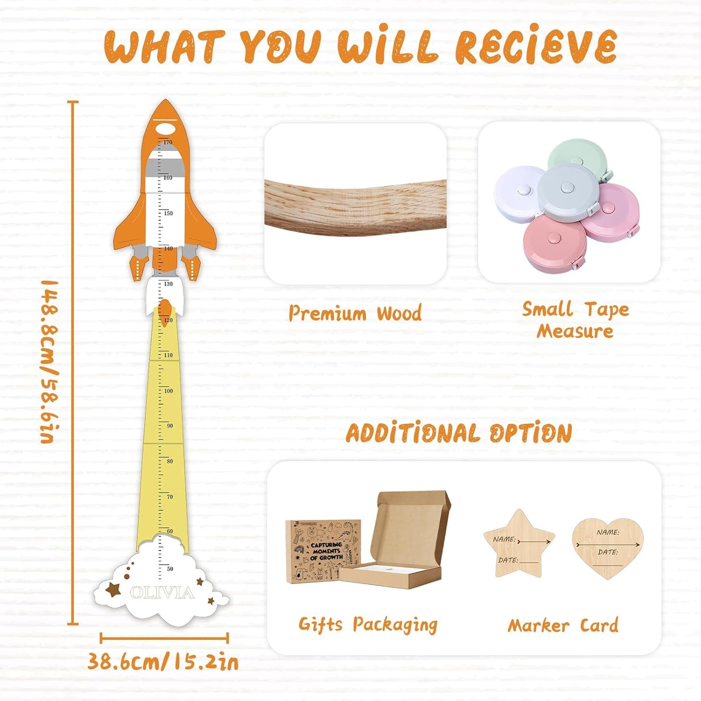 Personalized Name Height Chart for Kids, Cute Rocket Wooden Growth Chart for Kids, Wall Height Chart for Children, Cute Wall Ruler for Kids, Track Height Measurement, Easy to Install