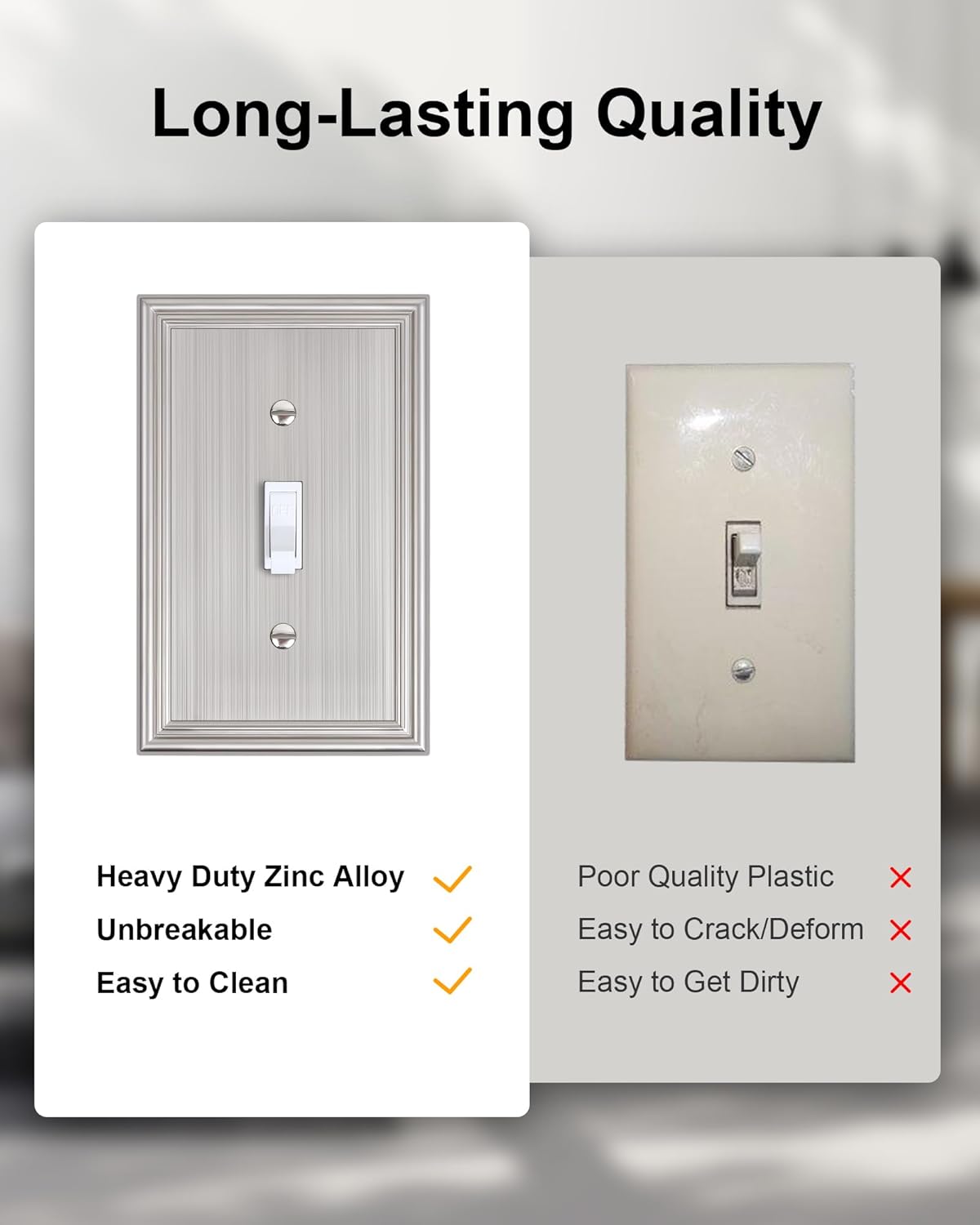 6-Pack Single Toggle Light Switch Cover Plate, Durable Solid Zinc Alloy Decorative Switch Plate Covers, Brushed Nickel 1 Gang Wall Plate, Corrosion Resistant