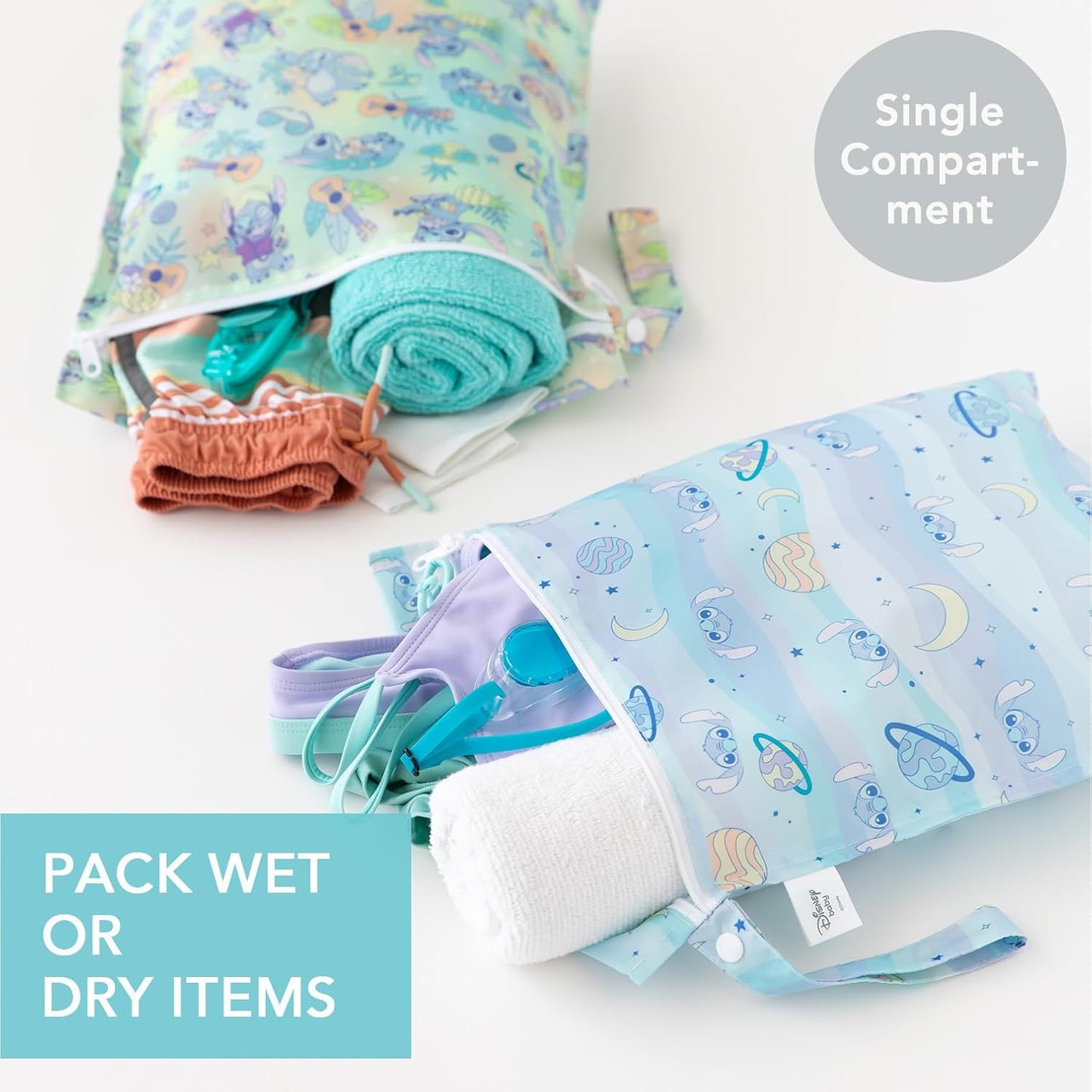 Bumkins - Waterproof Wet Bag - For Baby, Travel, Swim Suit, Cloth Diapers, Pump Parts, Pool, Gym, Toiletry, Strap to Stroller - Reusable & Easy to Clean - 2pk - Disney Stitch