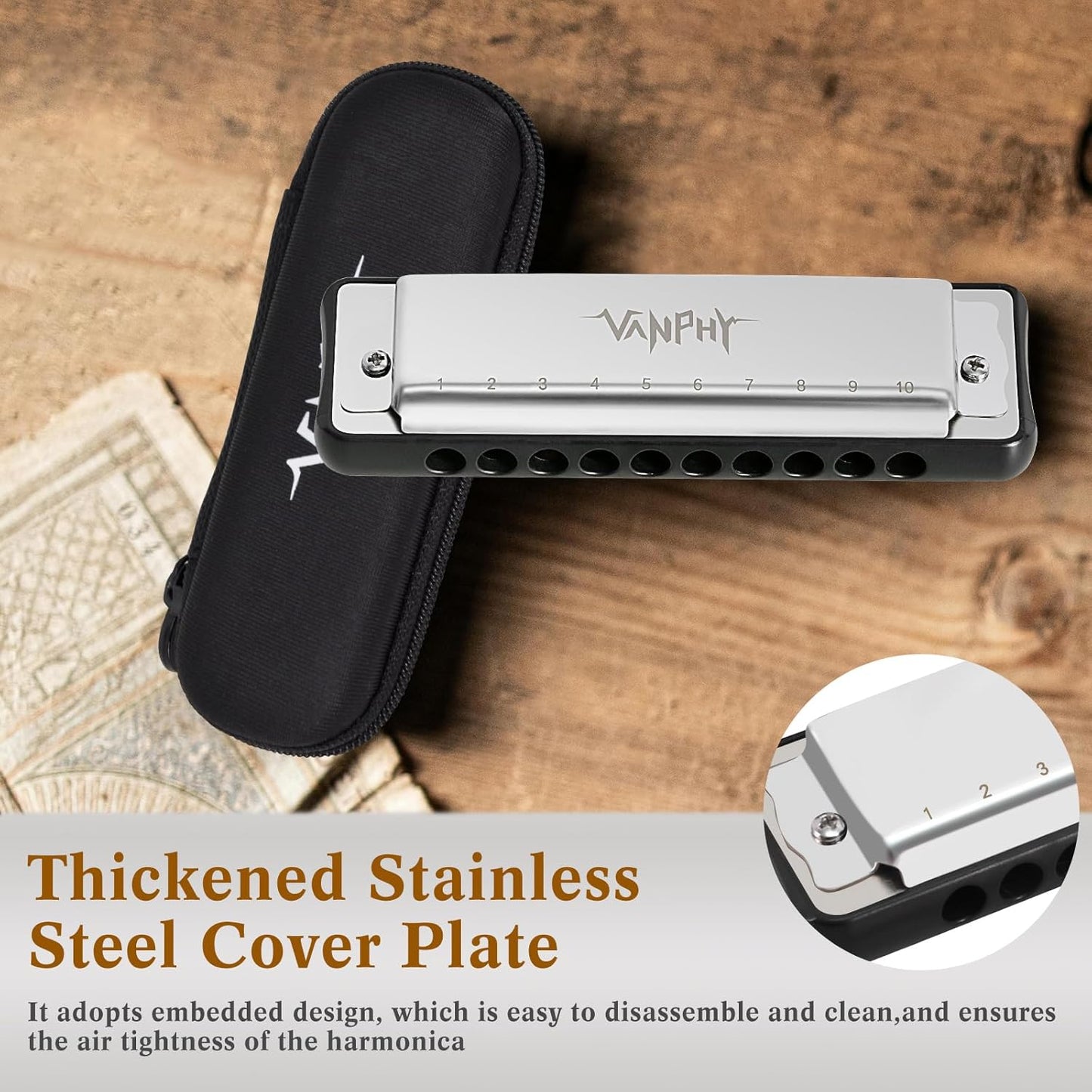 Harmonica 10 Hole Diatonic Blues Harmonica Key of C Rounded Holes Blues Harmonicas with Black Case for Adults Professionals Beginners and Students as a Gift（Sliver）